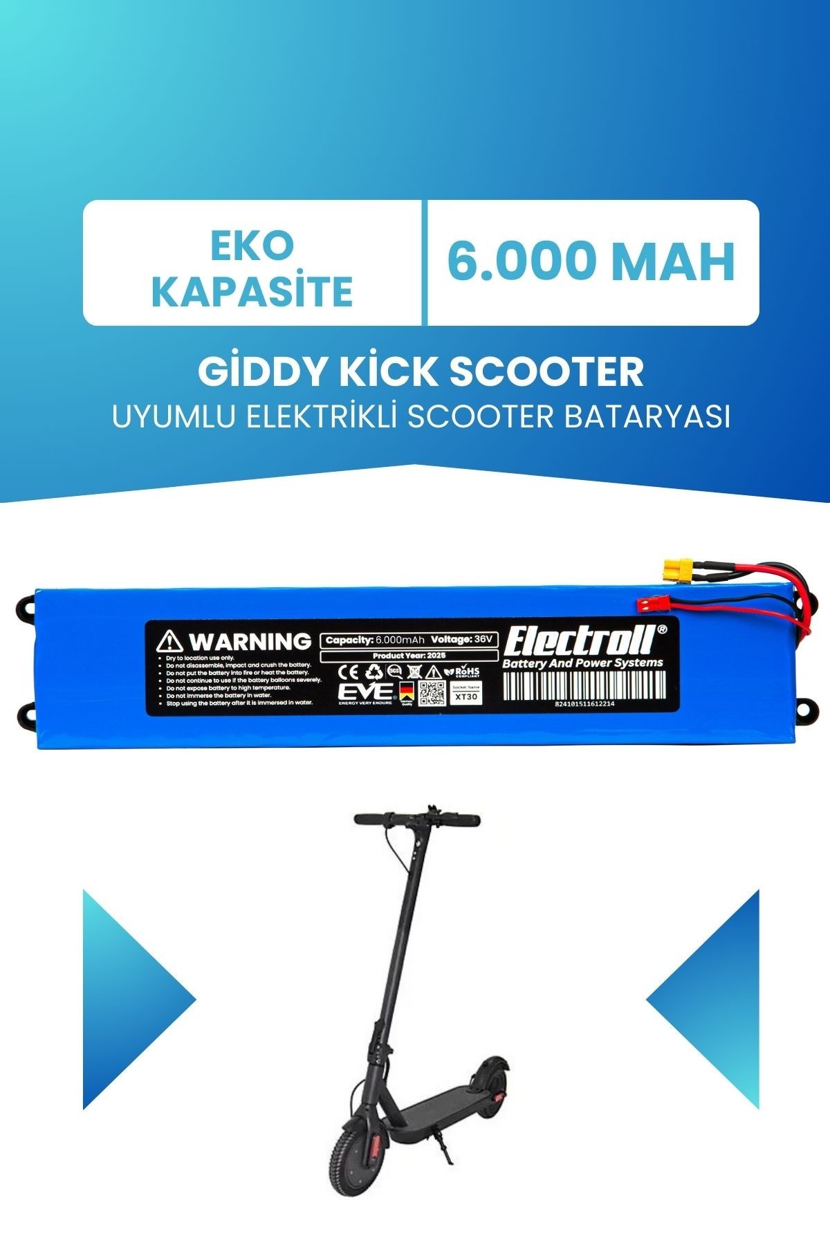 Giddy Kick Scooter Uyumlu Batarya (EKO KAPASİTE) 36v 6000mah Elektrikli Scooter Bataryası