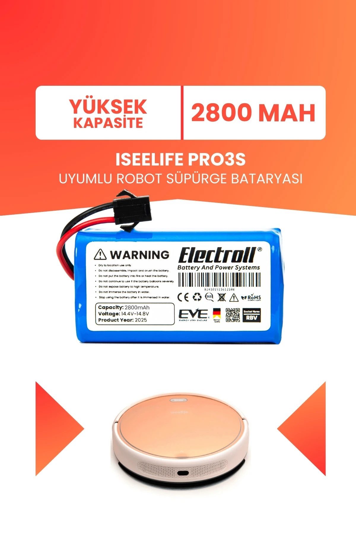 Iseelıfe Pro3s Uyumlu Batarya (YÜKSEK KAPASİTE) 2800mah Pil Robot Süpürge Bataryası
