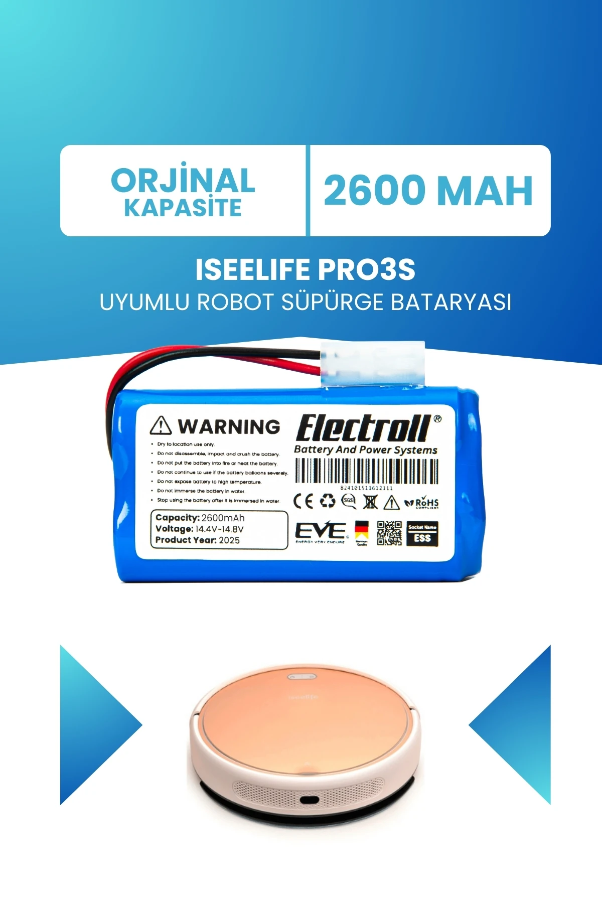 Iseelıfe Pro3s Uyumlu Batarya (ORJİNAL KAPASİTE) 2600mah Pil Robot Süpürge Bataryası