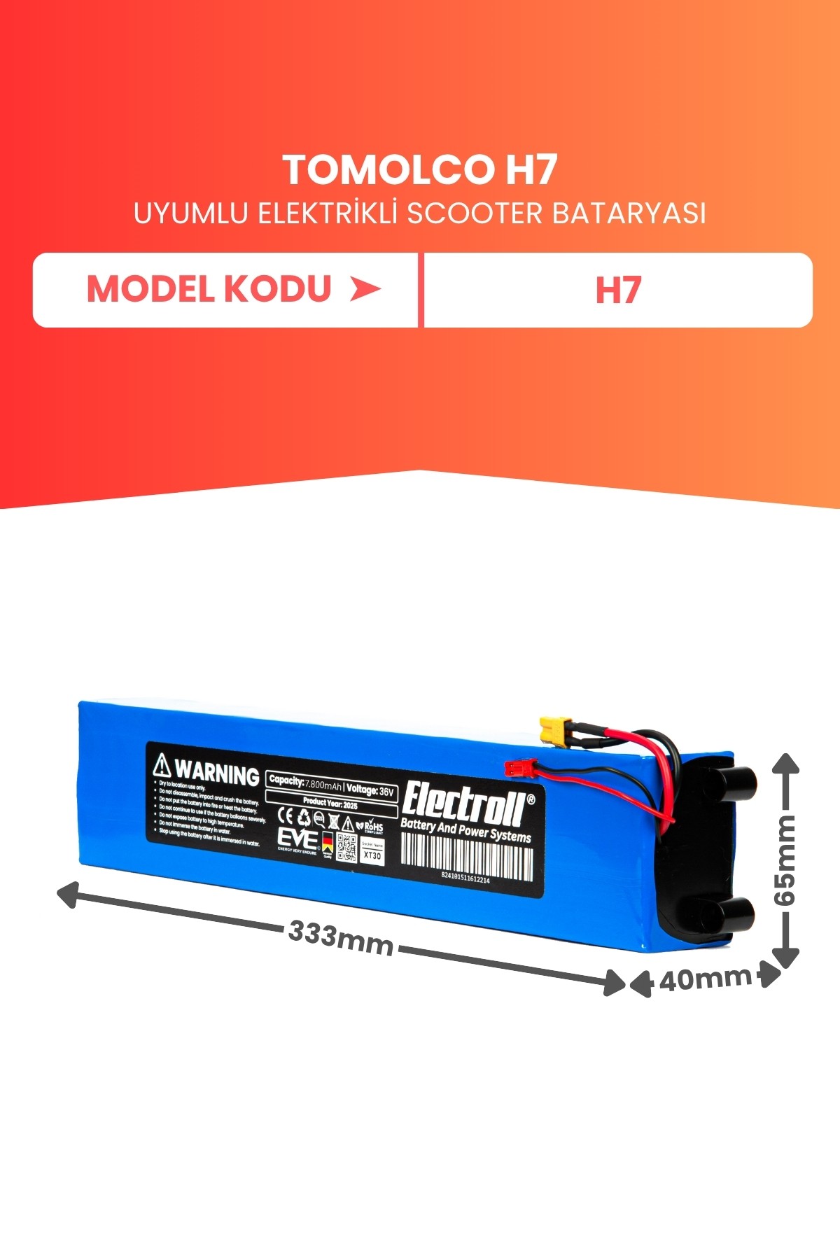 Tomolco H7 Uyumlu Batarya (Yüksek Kapasite) 36V 7.8AH Elektrikli Scooter Bataryası