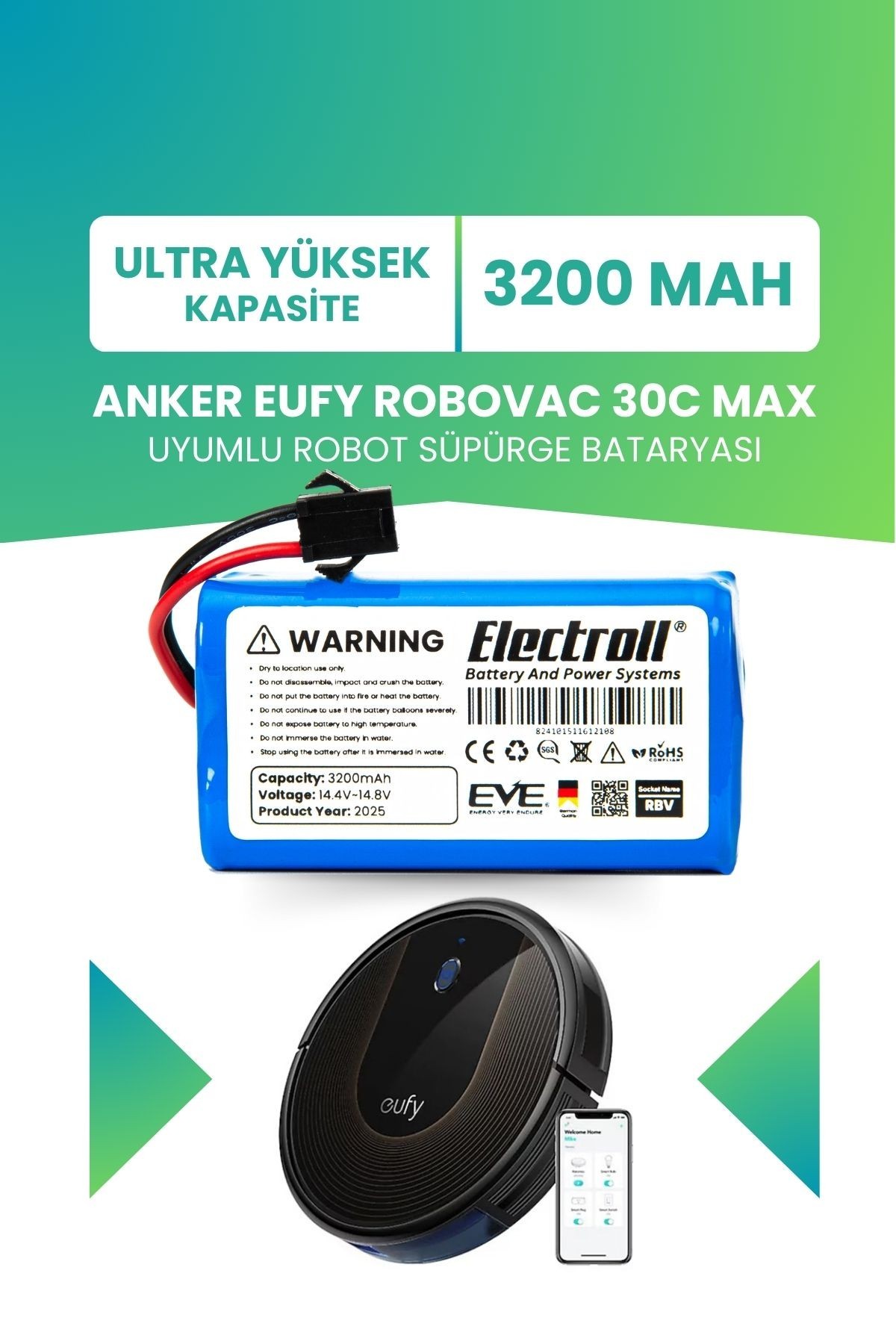 Eufy Robovac 30c Uyumlu Batarya (YÜKSEK KAPASİTE) 3200mah Pil Robot Süpürge Batarya Değişimi