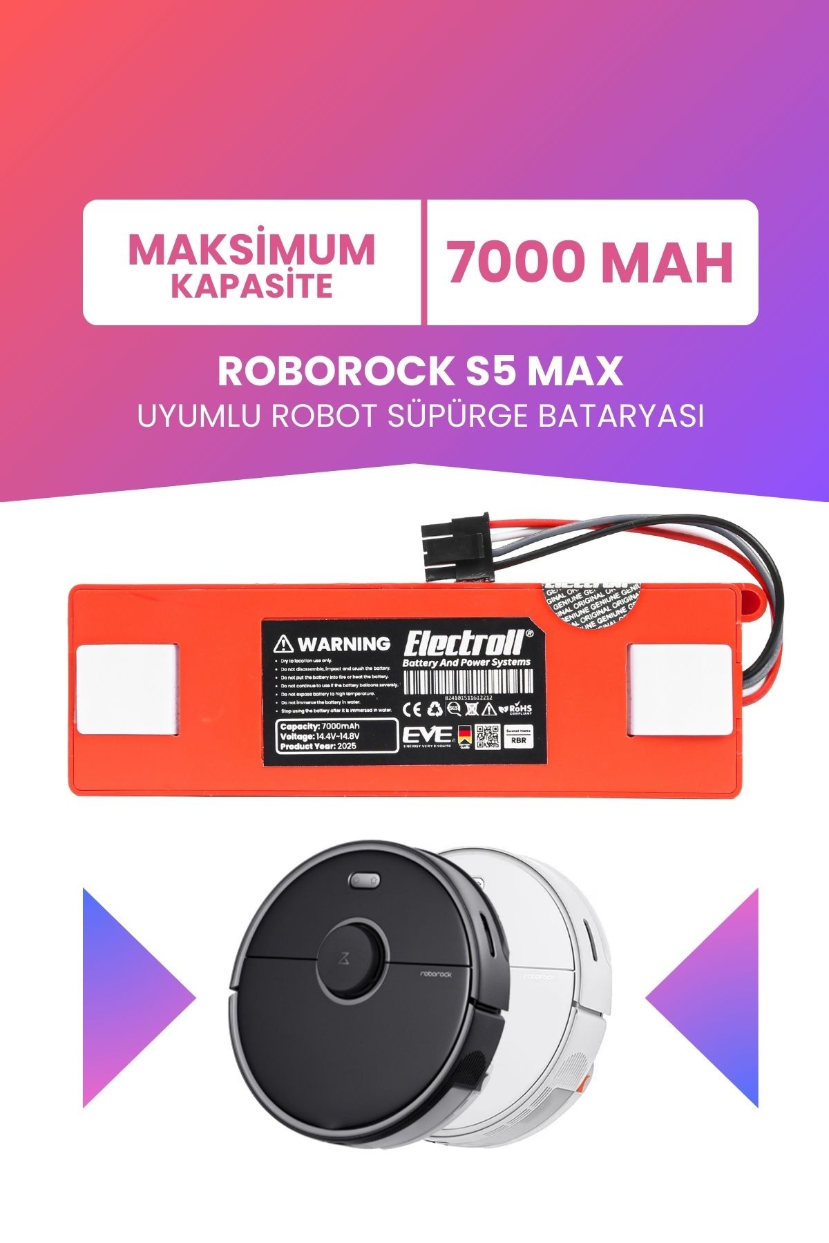 Roborock S5 Max Uyumlu Batarya (MAKSİMUM KAPASİTE) 7000mah Kutulu Robot Süpürge Bataryası Değişimi