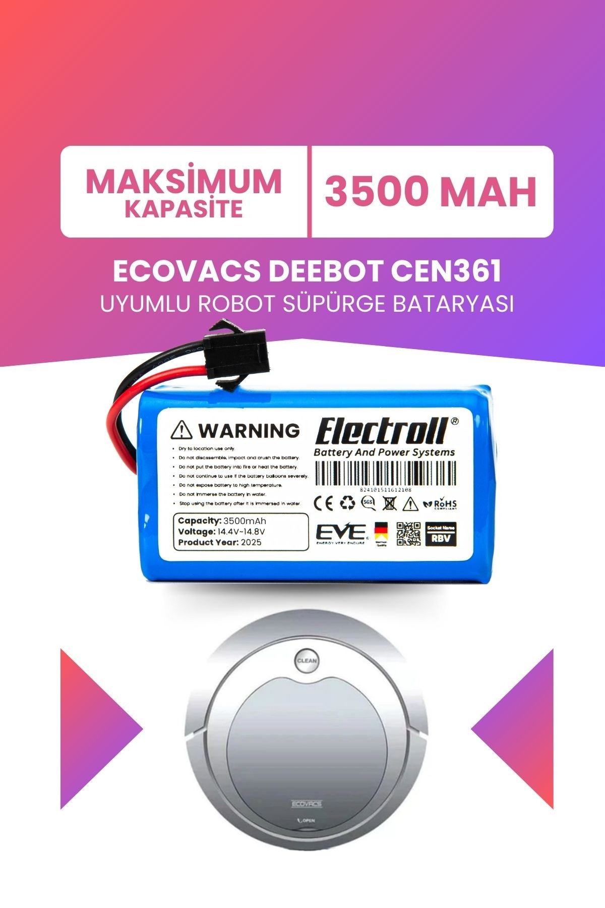Ecovacs Deebot Cen361 Uyumlu Batarya (MAKSİMUM KAPASİTE) 3500mah Pil Robot Süpürge Bataryası