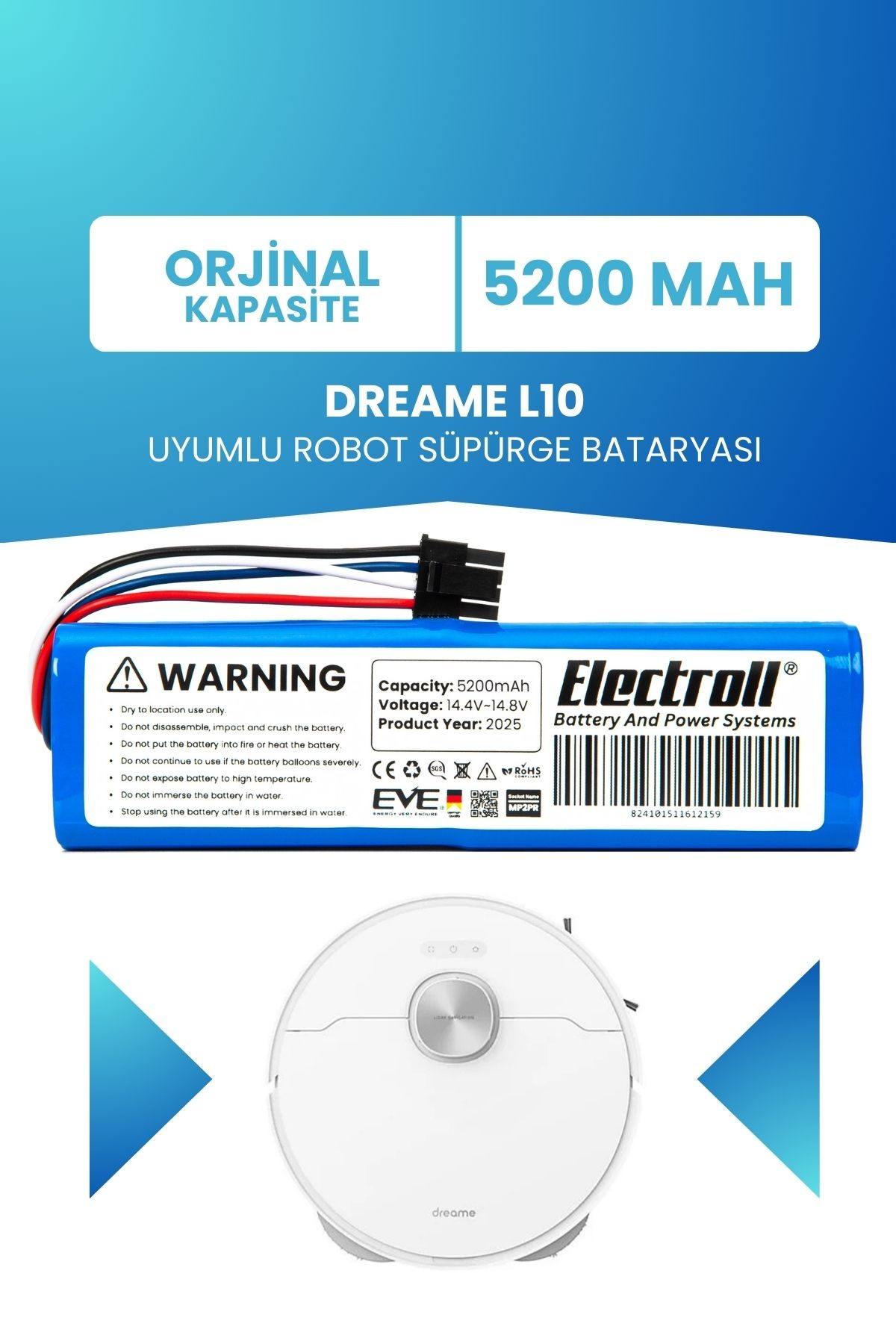 Dreame L10 Uyumlu Batarya (ORJİNAL KAPASİTE) 5200mah Pil Akıllı Robot Süpürge Bataryası Değişimi
