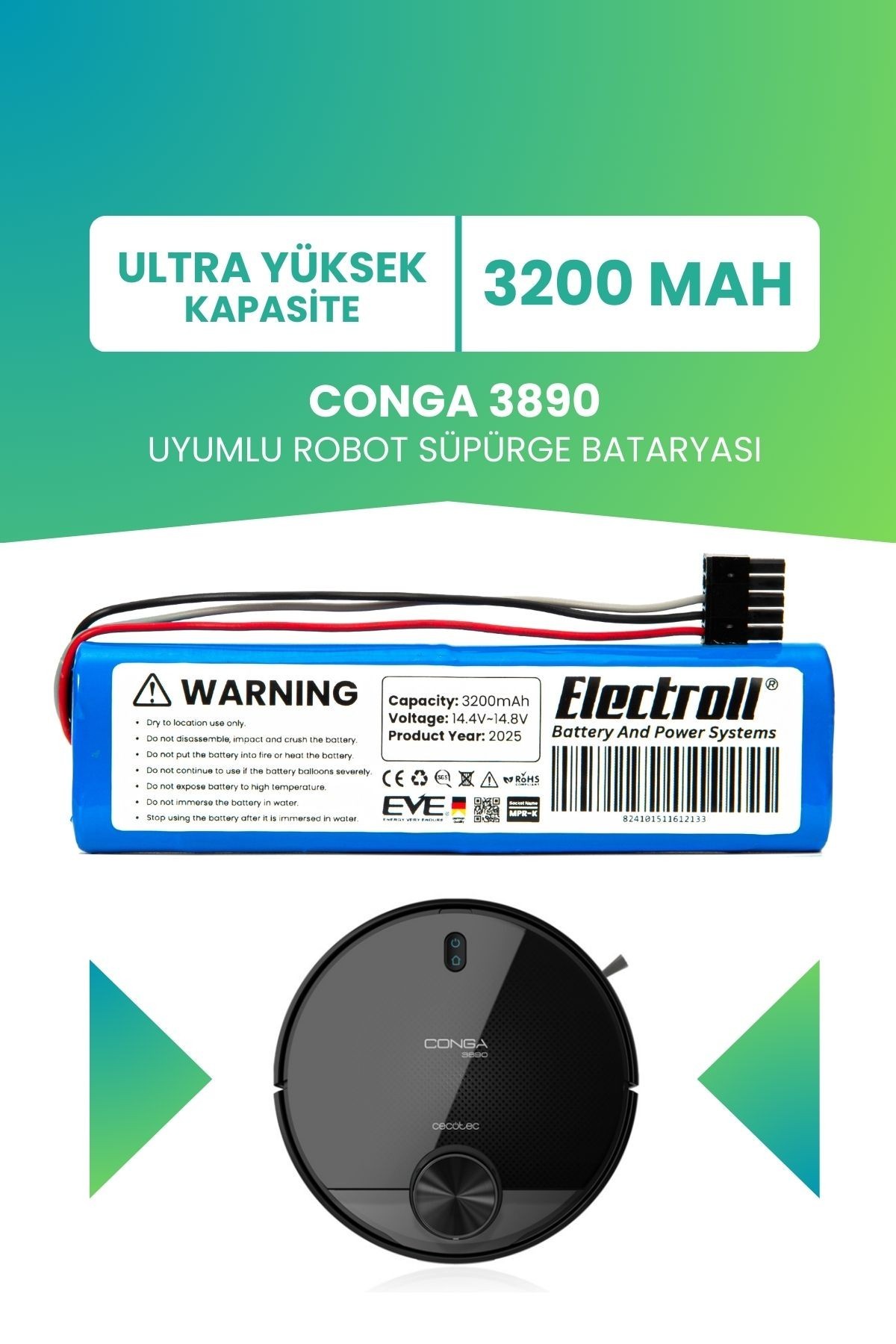 Conga 3890 Uyumlu Batarya (ULTRA YÜKSEK KAPASİTE) 3200mah Pil Robot Süpürge Bataryası Değişimi