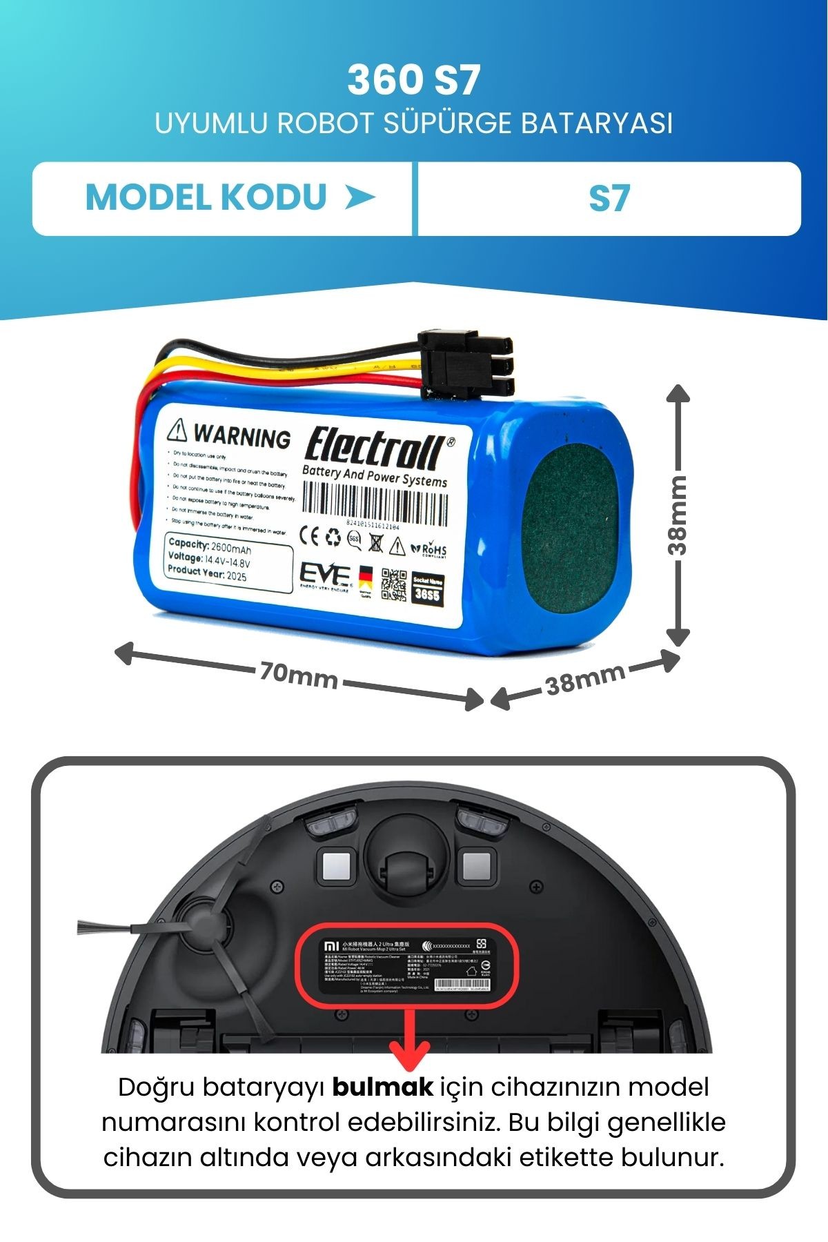 360 S7 Batarya (ORJİNAL KAPASİTE) 2600mah Pil Akıllı Robot Süpürge Batarya Değişimi