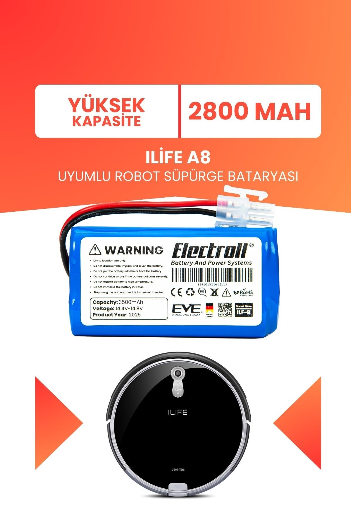 Ilife A8 Uyumlu Batarya (YÜKSEK KAPASİTE) 2800mah Pil Robot Süpürge Bataryası