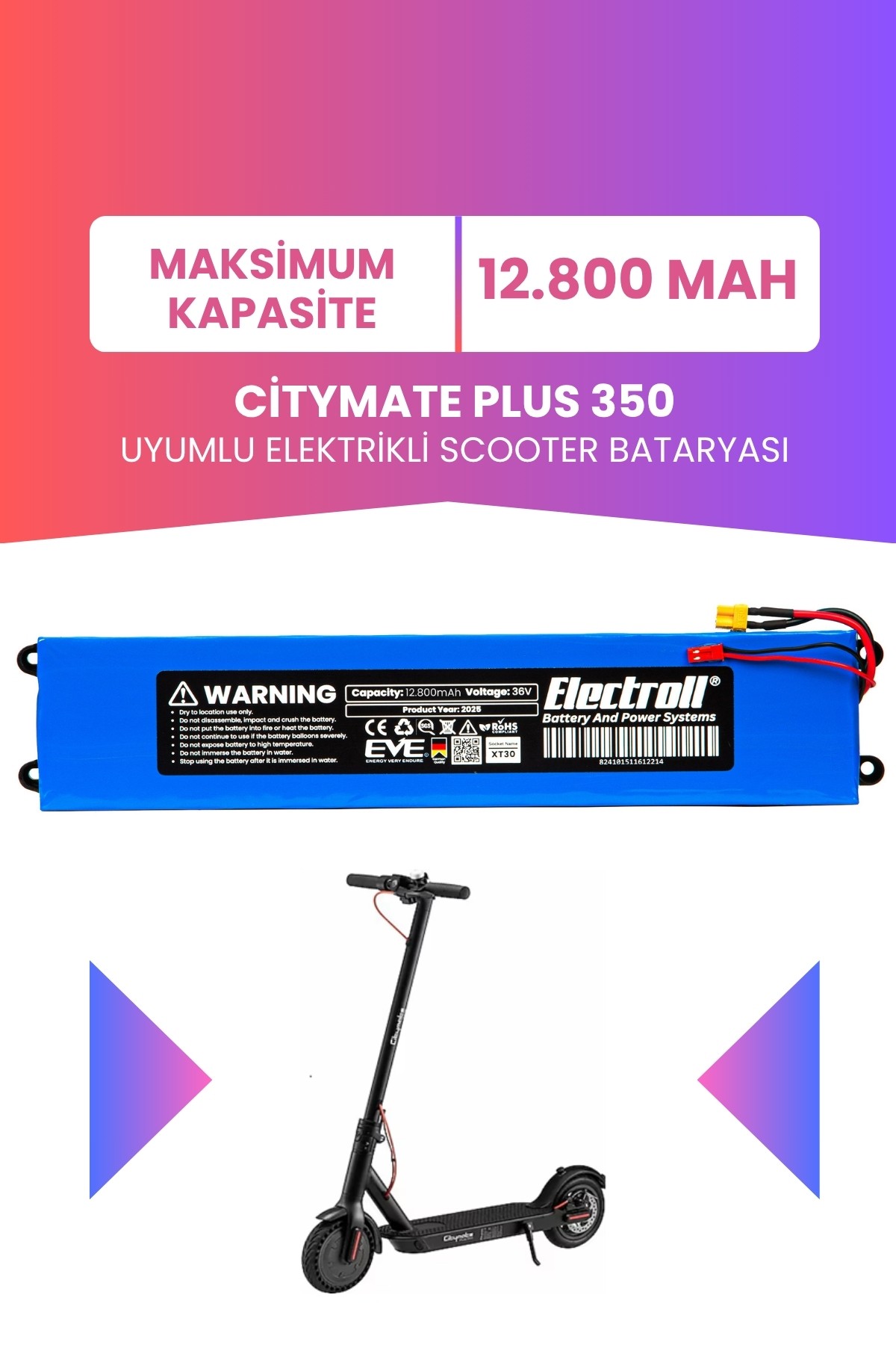 Citymate Plus 350 Uyumlu Batarya (Maksimum Kapasite) 36v 12.800Mah Elektrikli Scooter Bataryası