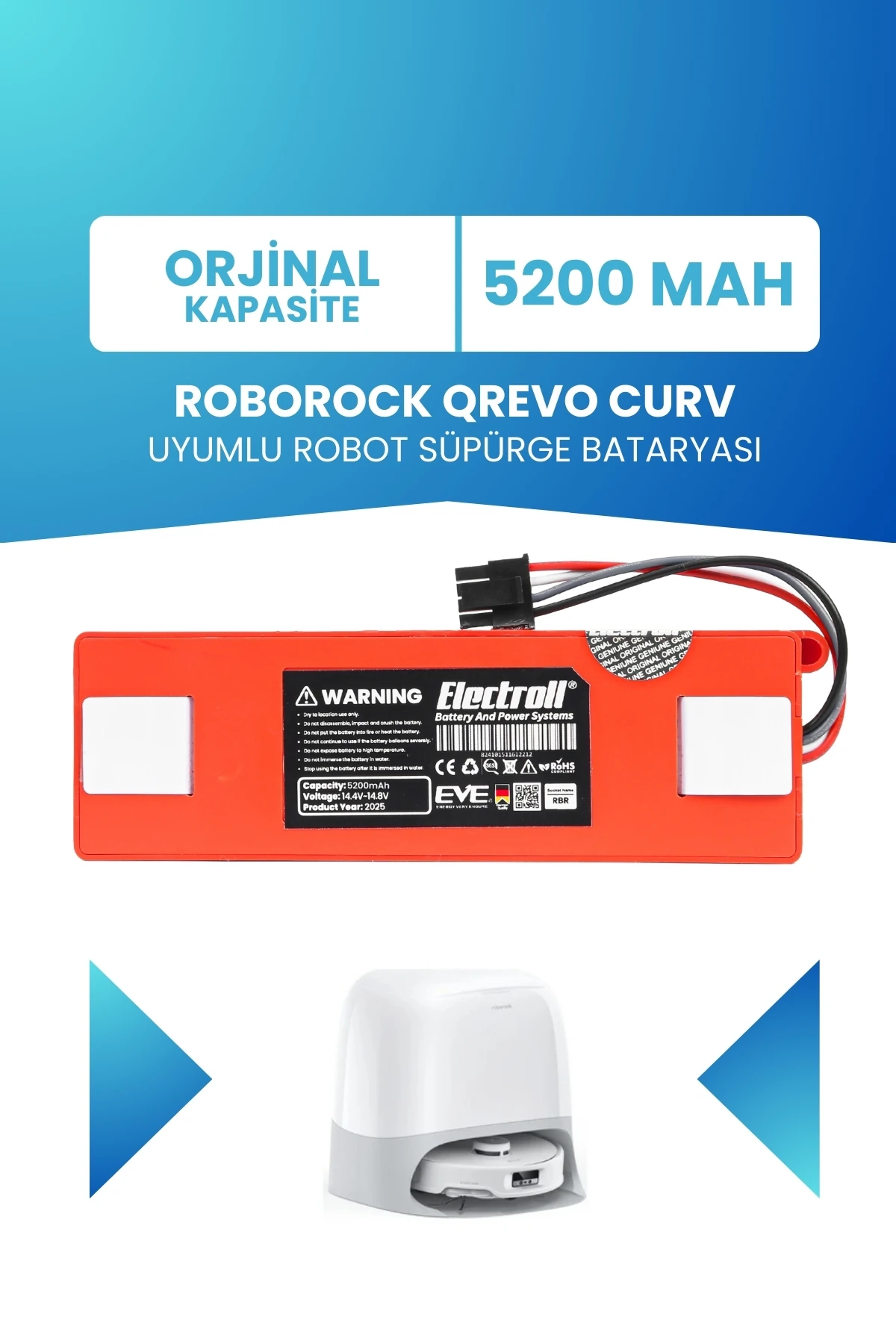 ROBOROCK QREVO CURV Uyumlu Batarya (Orjinal Kapasite) 5200MAH Pil Robot Süpürge Batarya Değişimi