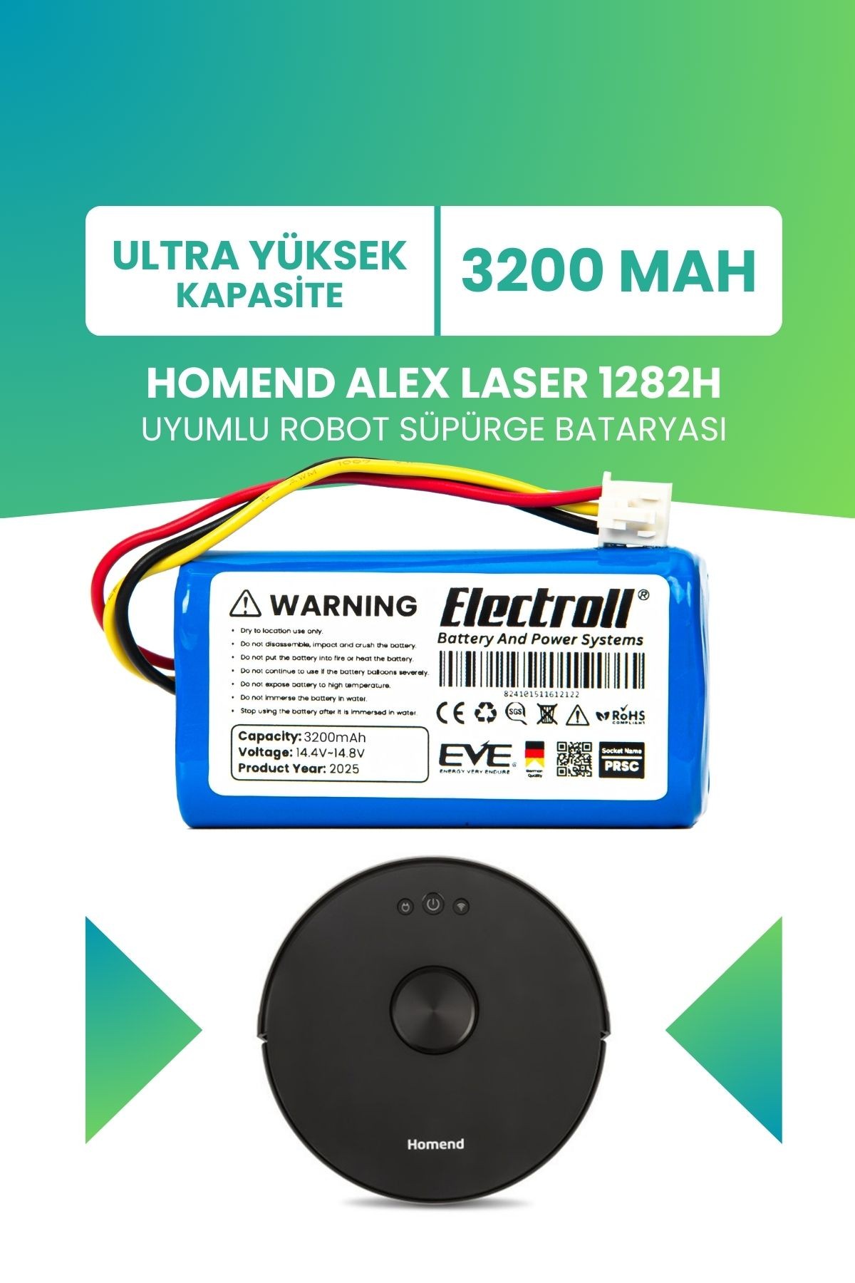 Homend Alex Laser 1282h Uyumlu Batarya (YÜKSEK KAPASİTE) 3200mah Pil Robot Süpürge Bataryası