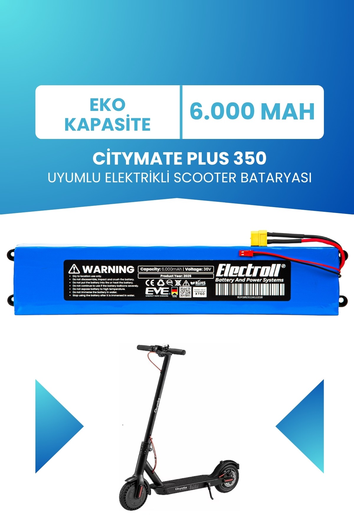 Citymate Plus 350 Uyumlu Batarya (Eko Kapasite) 36v 6.000Mah Elektrikli Scooter Bataryası
