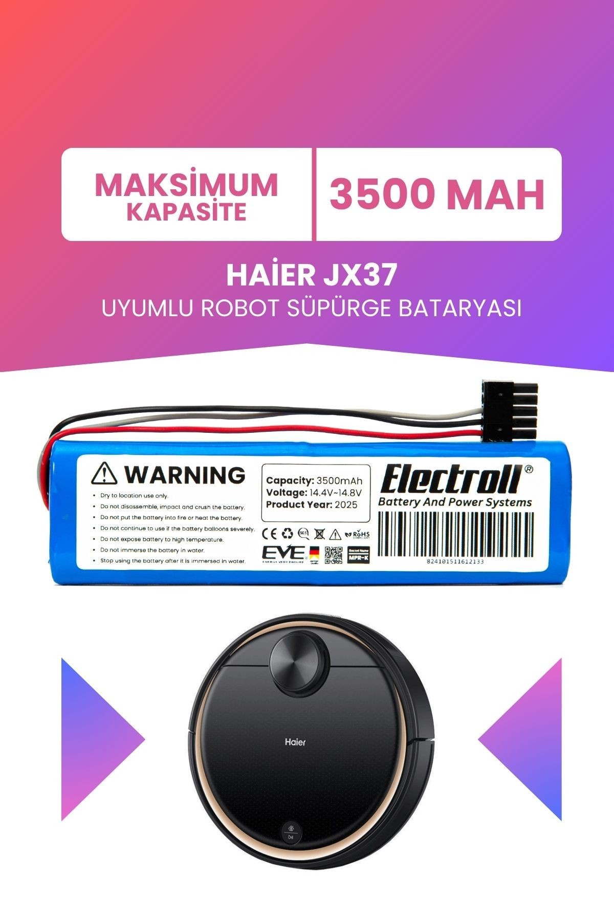 Haier Jx37 Uyumlu Batarya (MAKSİMUM KAPASİTE) 3500mah Pil Robot Süpürge Bataryası Değişimi