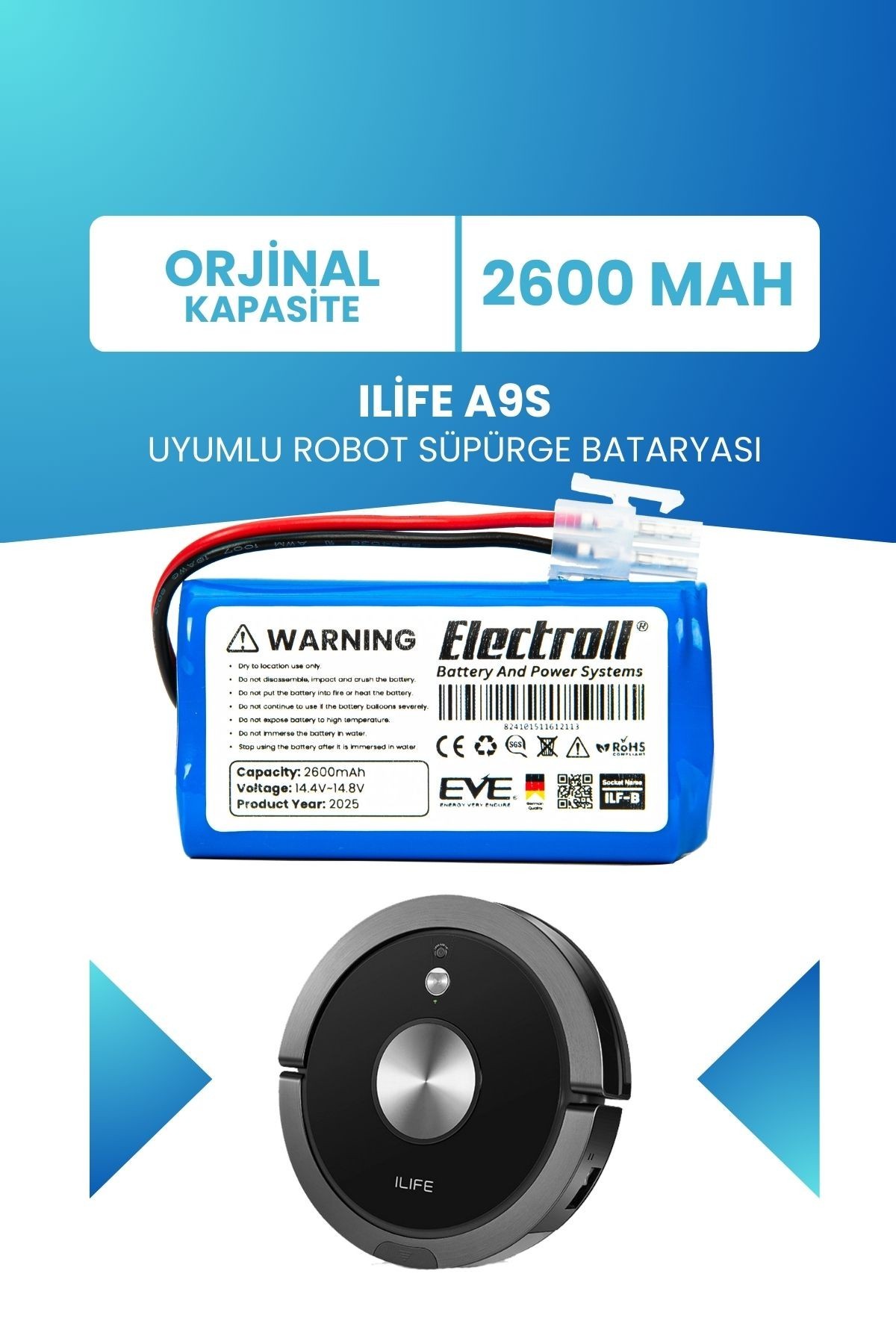 Ilife A9S Uyumlu Batarya (ORJİNAL KAPASİTE) 2600mah Pil Robot Süpürge Batarya Değişimi