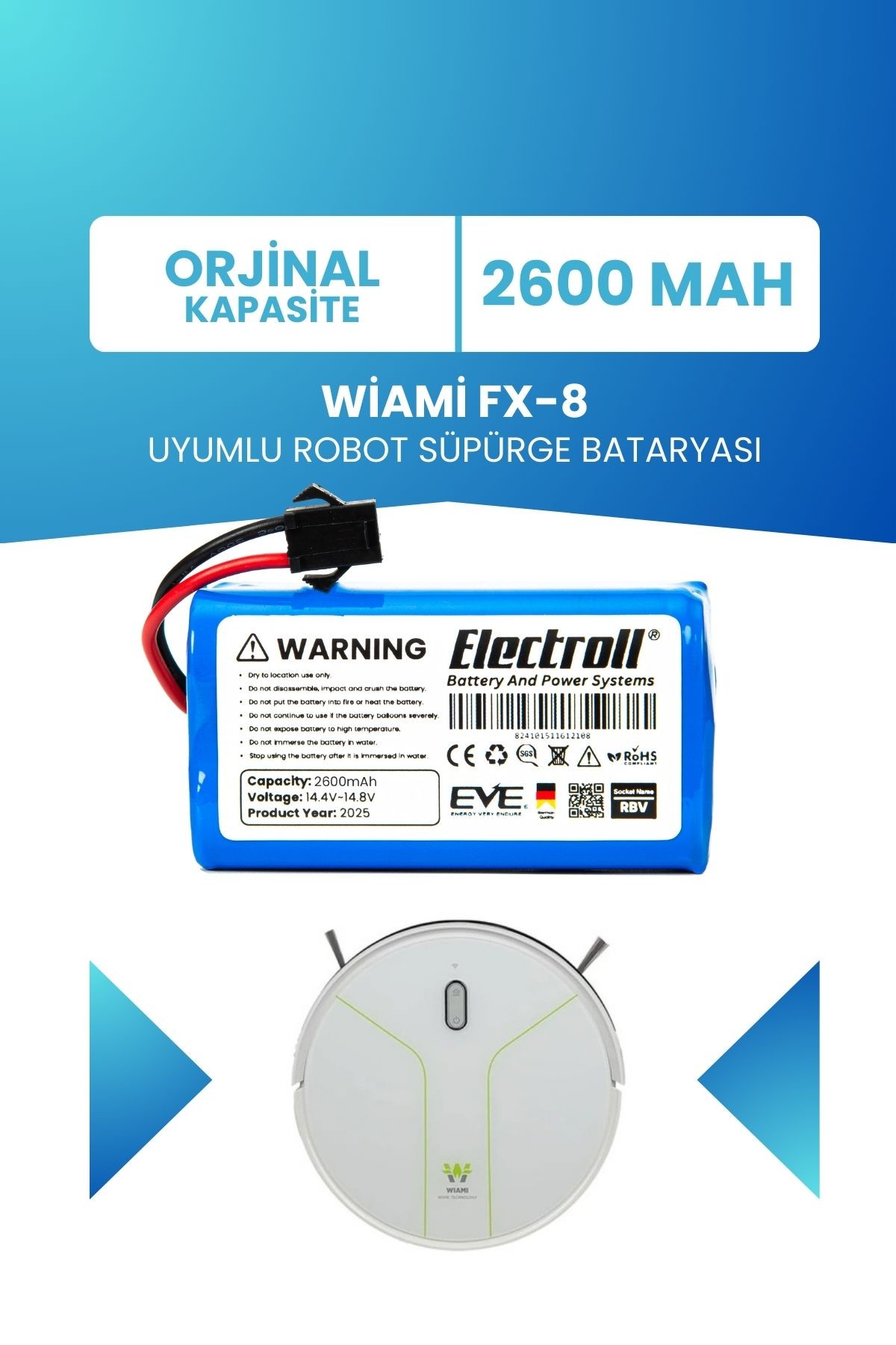 WİAMİ FX-8 Uyumlu Batarya (ORJİNAL KAPASİTE) 2600mah Pil Robot Süpürge Bataryası Değişimi