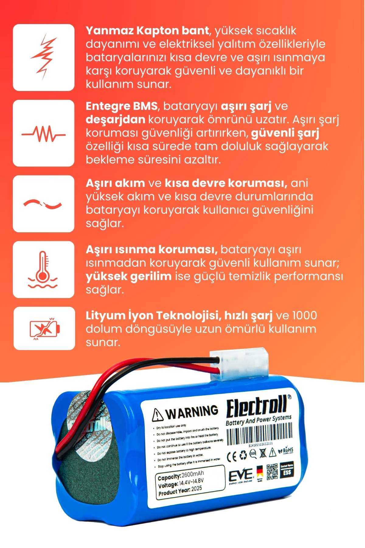 Tefal X-Plorer Serie 60 Uyumlu Batarya (YÜKSEK KAPASİTE) 2600mah Pil Robot Süpürge Batarya