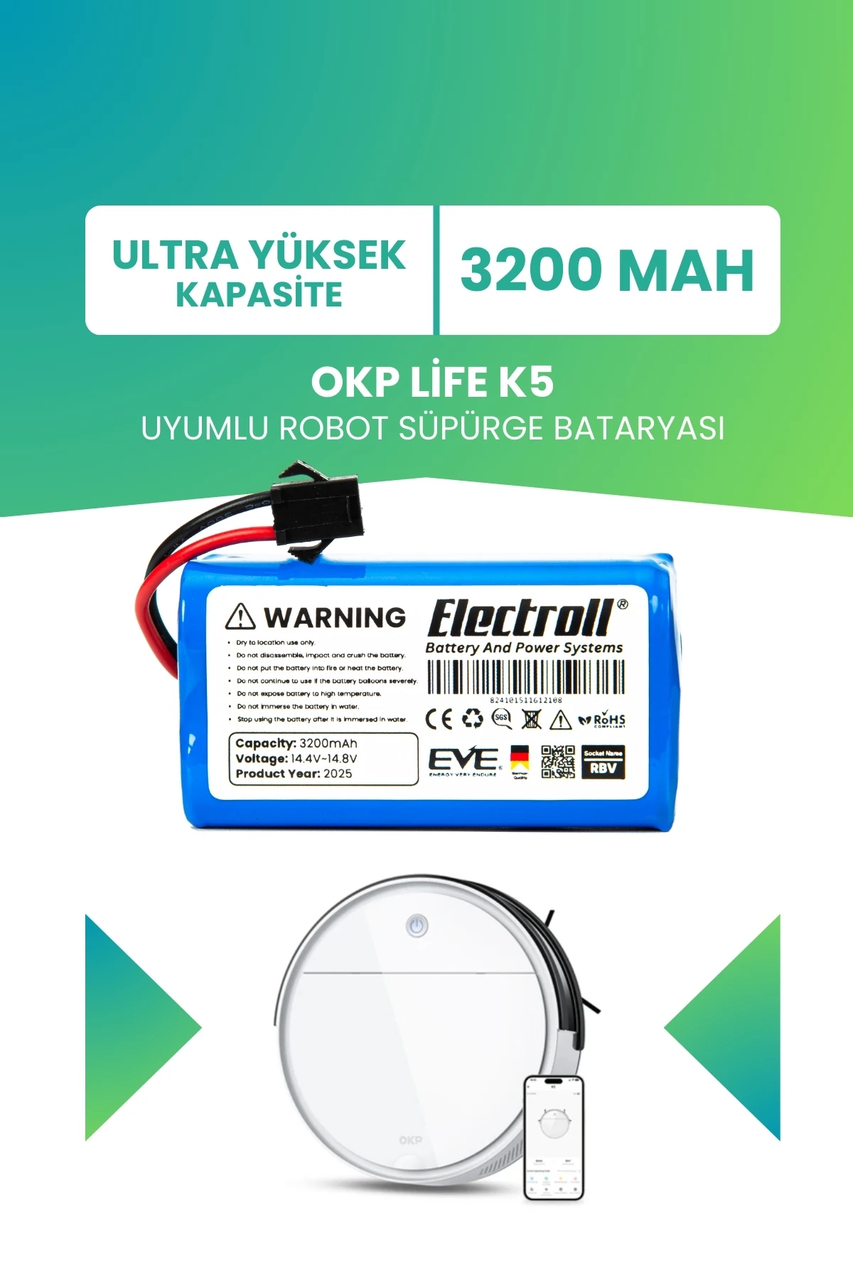 Okp Life K5 Uyumlu Batarya (ULTRA YÜKSEK KAPASİTE) 3200mah Robot Süpürge Bataryası