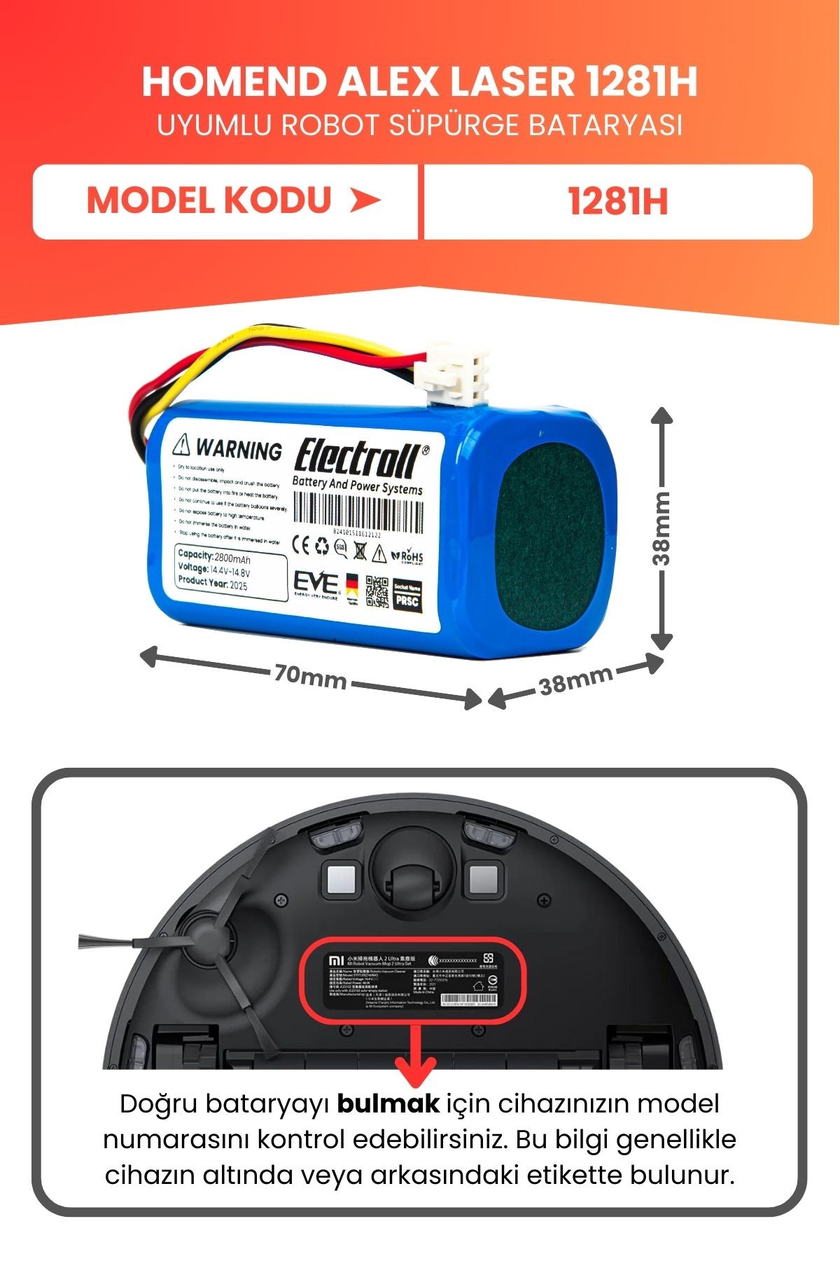 Homend Alex Laser 1281h Uyumlu Batarya (YÜKSEK KAPASİTE) 2800mah Pil Robot Süpürge Bataryası