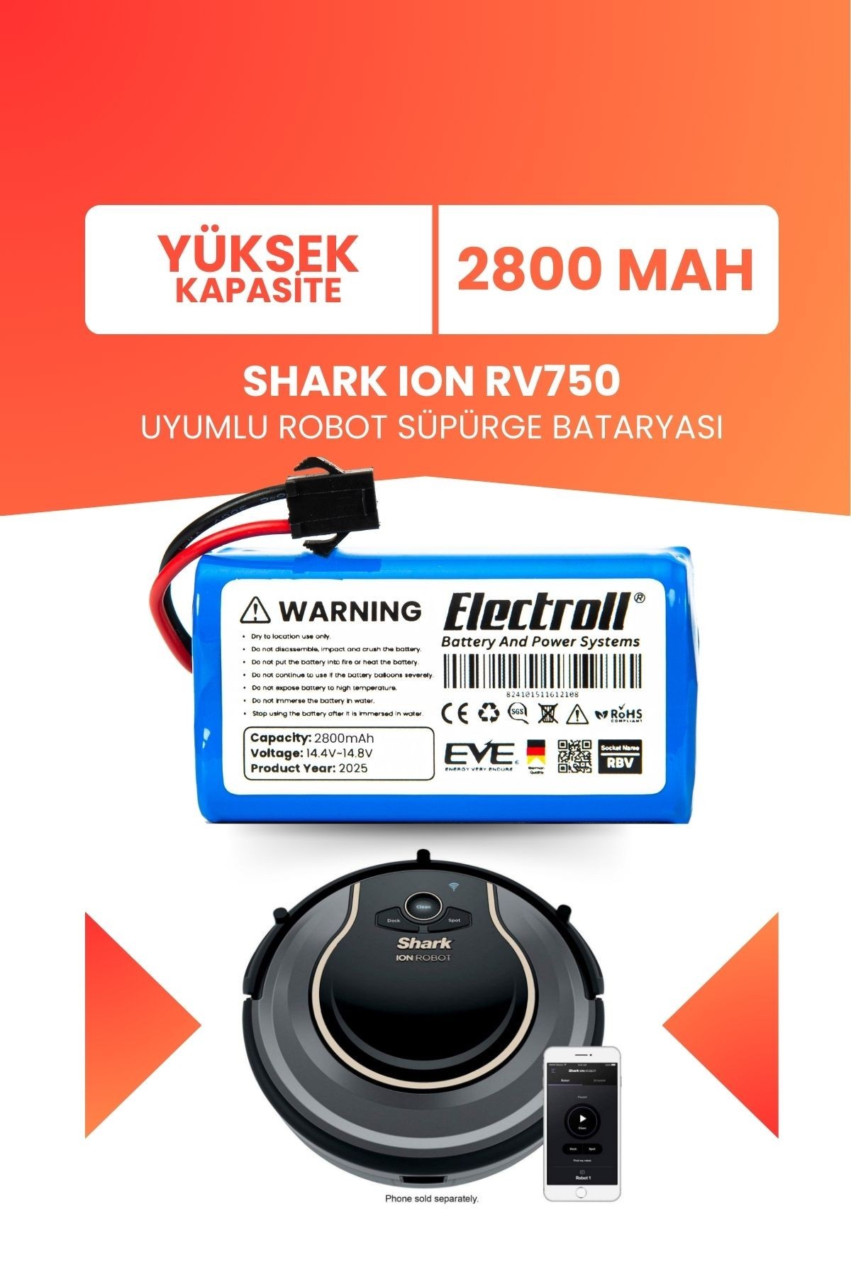 Shark Ion Rv750 Uyumlu Batarya (YÜKSEK KAPASİTE) 2800mah Pil Robot Süpürge Bataryası