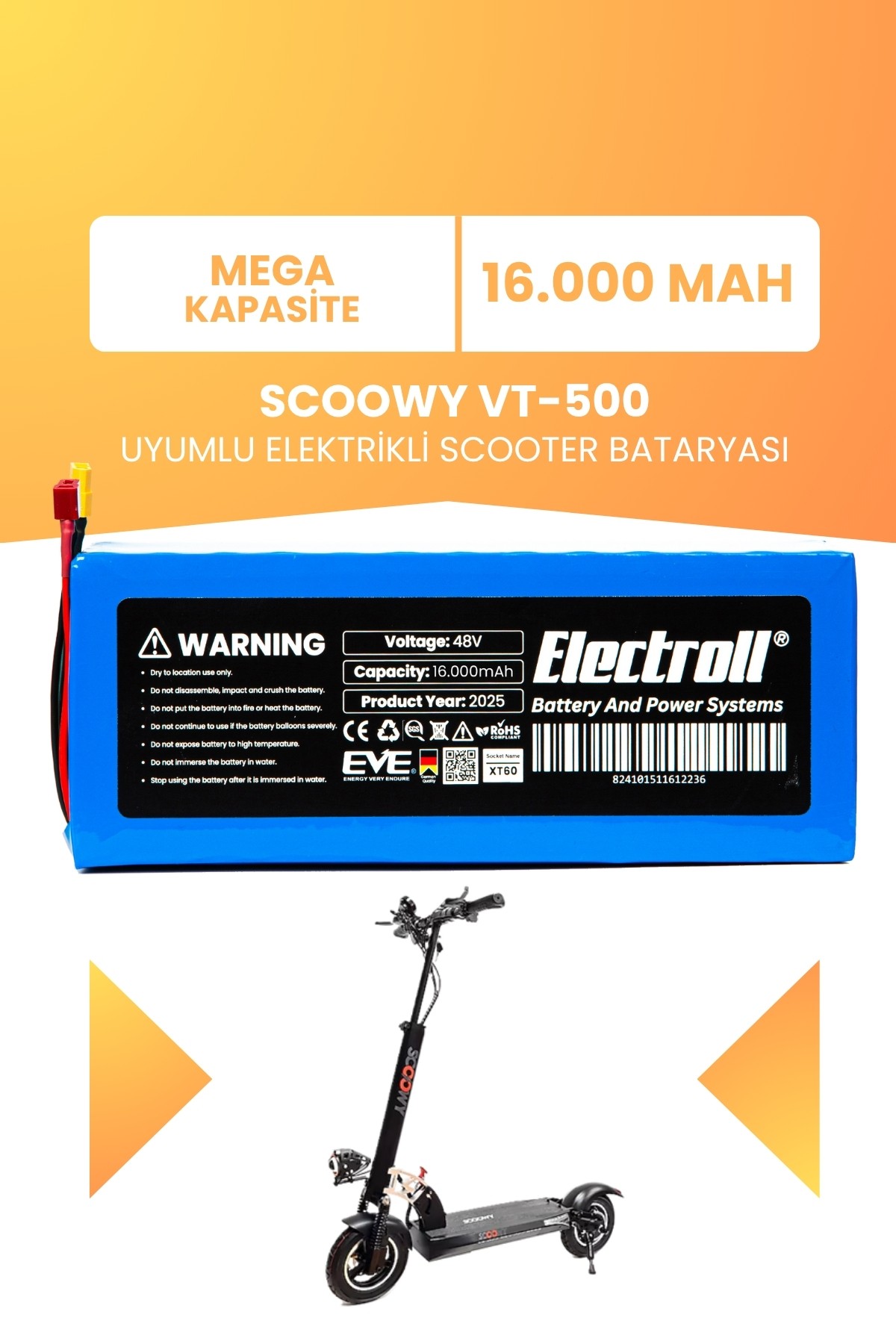 Scoowy Vt-500 Batarya (Mega Kapasite) Batarya 48v 16ah Pil Elektrikli Scooter Bataryası
