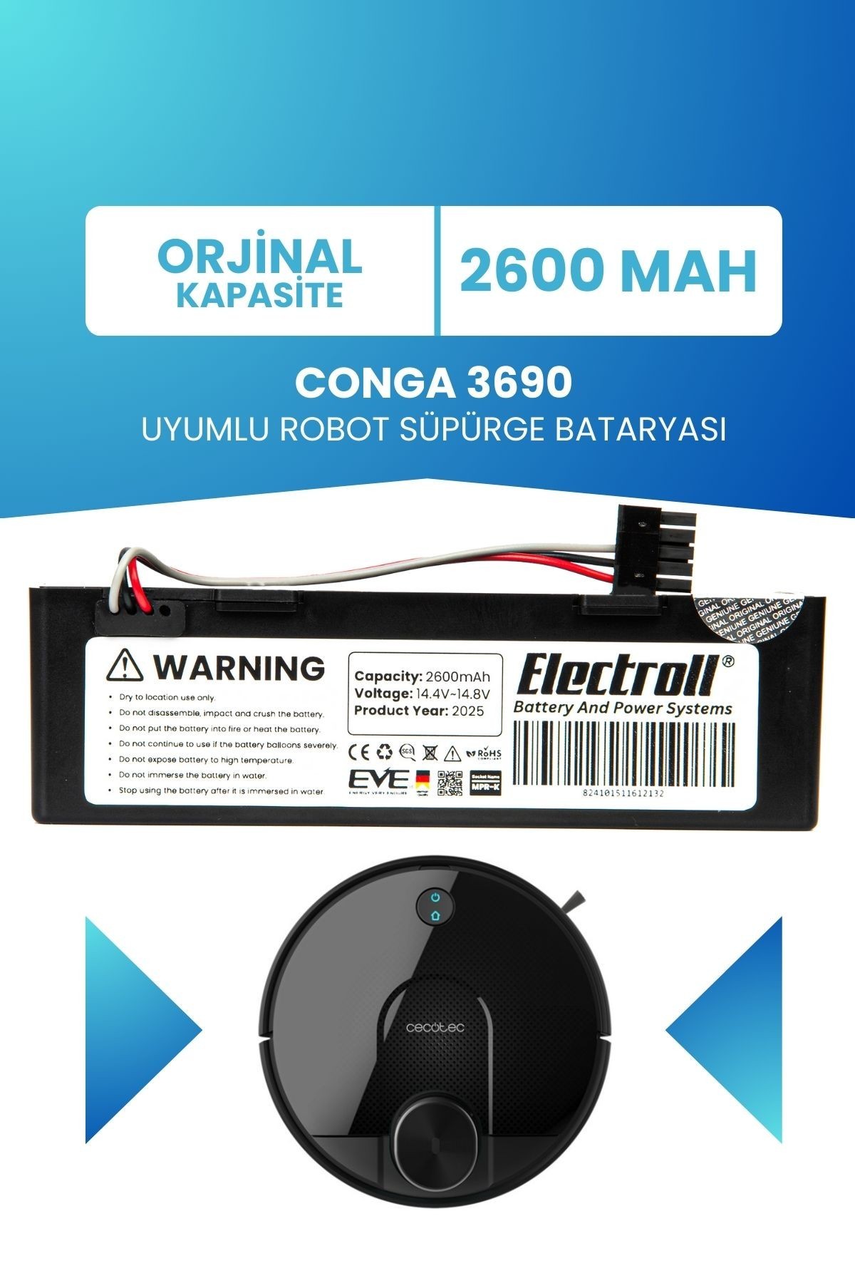 Conga 3690 Uyumlu Batarya (ORJİNAL KAPASİTE) 2600mah Pil Kutulu Robot Süpürge Bataryası Değişimi