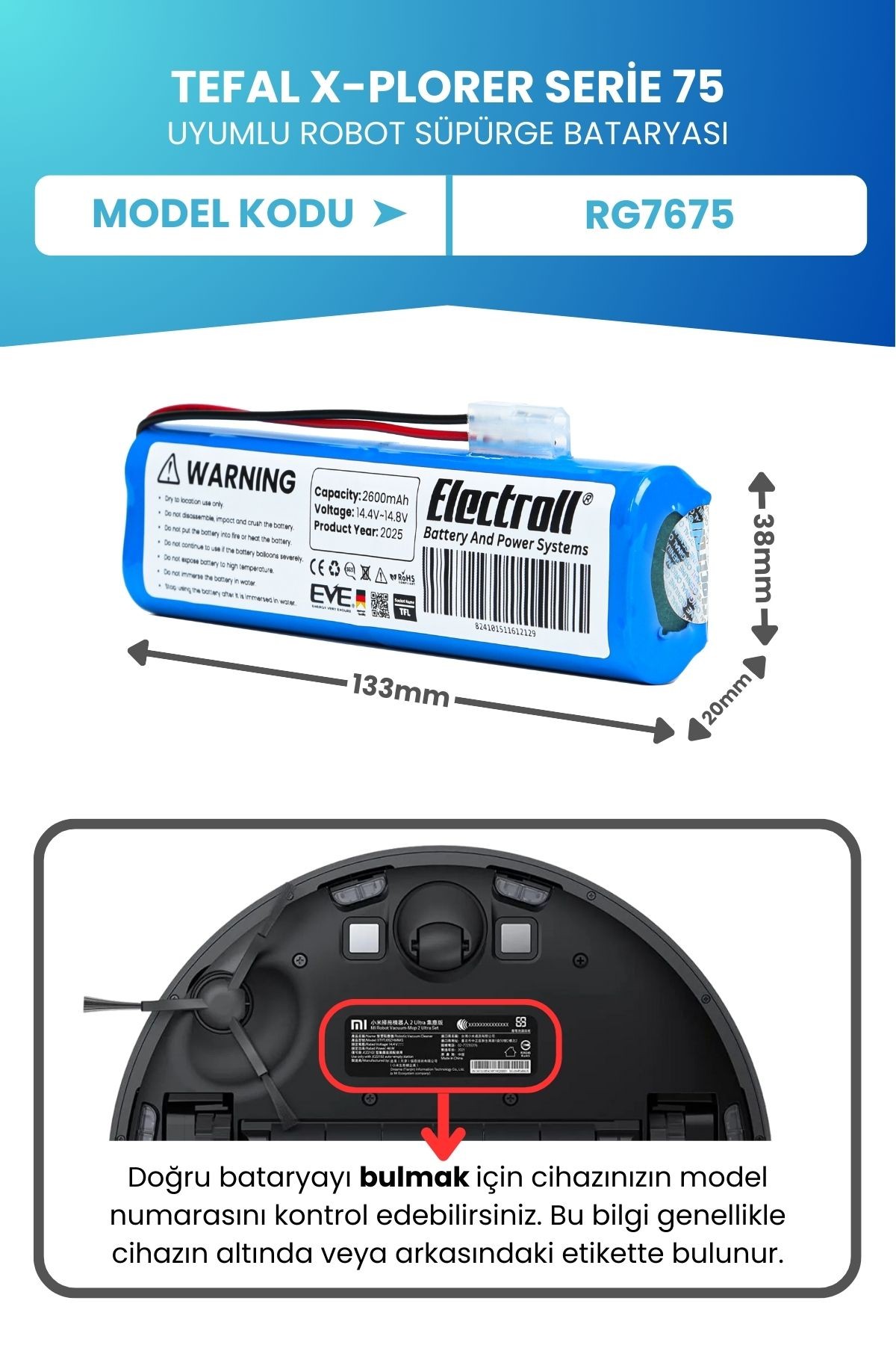 Tefal X-plorer Serie 75 Uyumlu Batarya (ORJİNAL KAPASİTE) 2600mah Pil Robot Süpürge Bataryası Rg7675