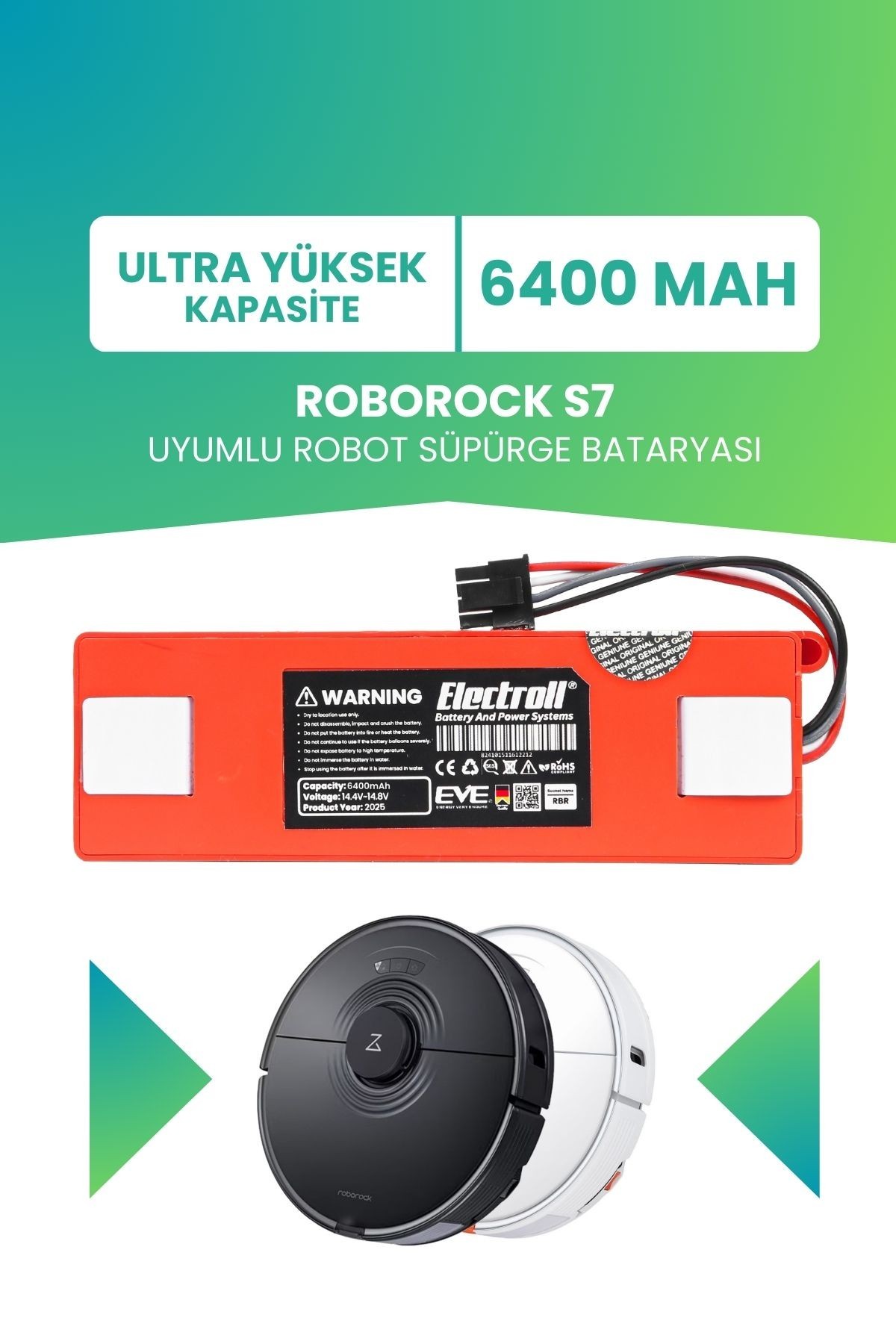 Roborock S7 Uyumlu Batarya (ULTRA YÜKSEK KAPASİTE) 6400mah Kutulu Robot Süpürge Pil Değişimi