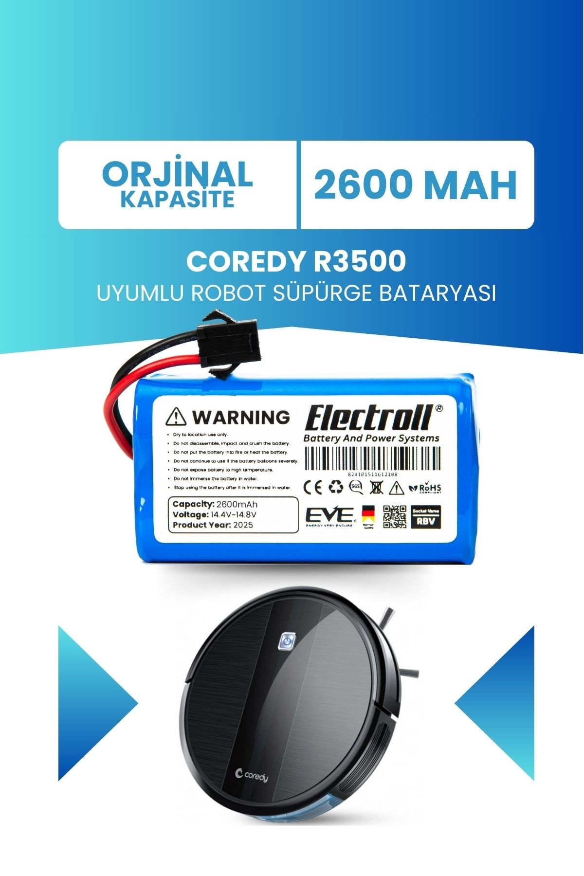 Coredy R3500 Uyumlu Batarya (ORJİNAL KAPASİTE) 2600mah Pil Akıllı Robot Süpürge Bataryası
