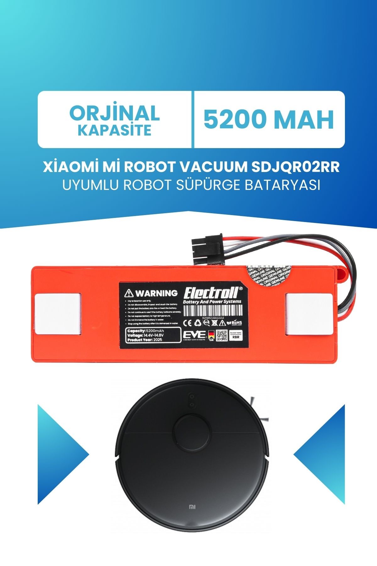 Xiaomi Mi Robot Vacuum Sdjqr02rr Uyumlu Batarya (ORJİNAL KAPASİTE) 5200mah Kutulu Robot Süpürge Pili