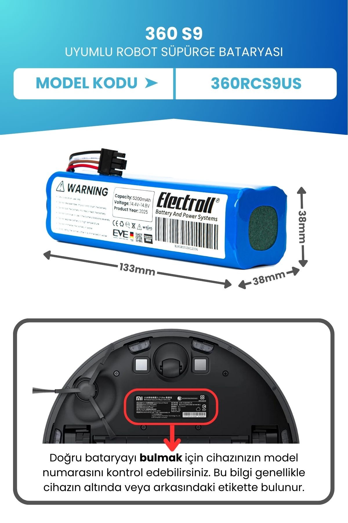360 S9 Uyumlu Batarya (ORJİNAL KAPASİTE) 5200mah Pil Robot Süpürge Bataryası Değişimi 360rcs9us