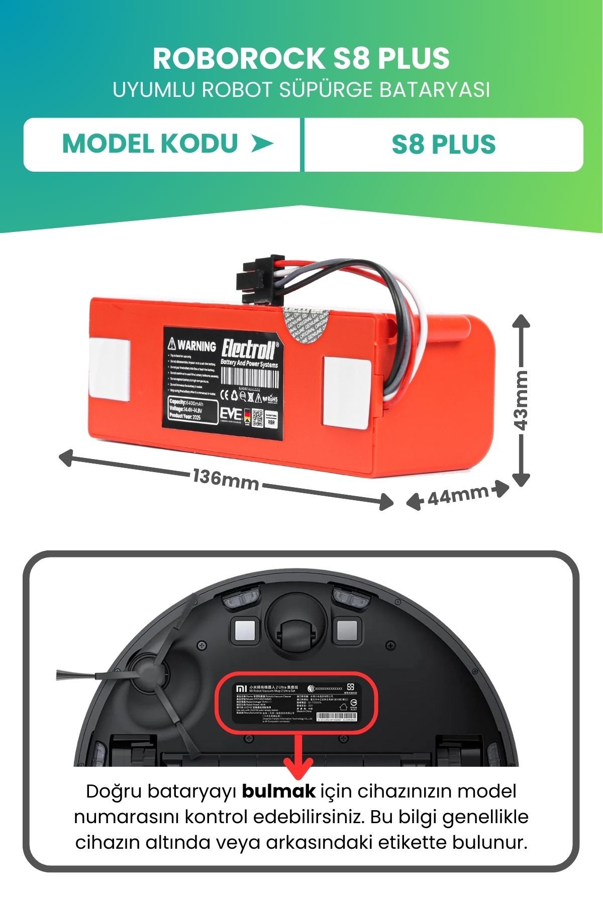 Roborock S8 Plus Uyumlu Batarya (ULTRA YÜKSEK KAPASİTE) 6400mah Kutulu Robot Süpürge Pil Değişimi