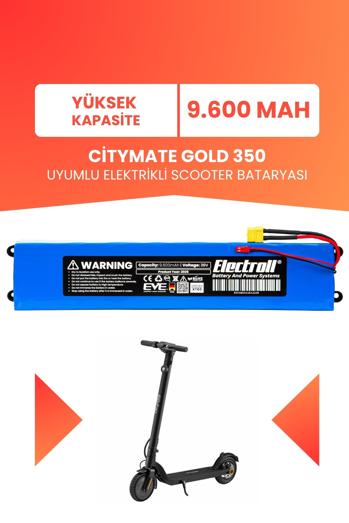 Citymate Gold 350 Uyumlu Batarya (Yüksek Kapasite) 36v 9.600Mah Elektrikli Scooter Bataryası