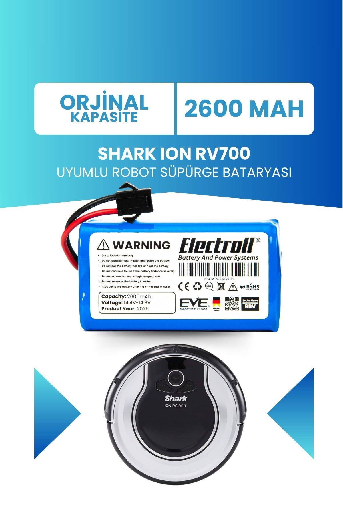 Shark Ion Rv700 Uyumlu Batarya (ORJİNAL KAPASİTE) 2600mah Pil Robot Süpürge Bataryası