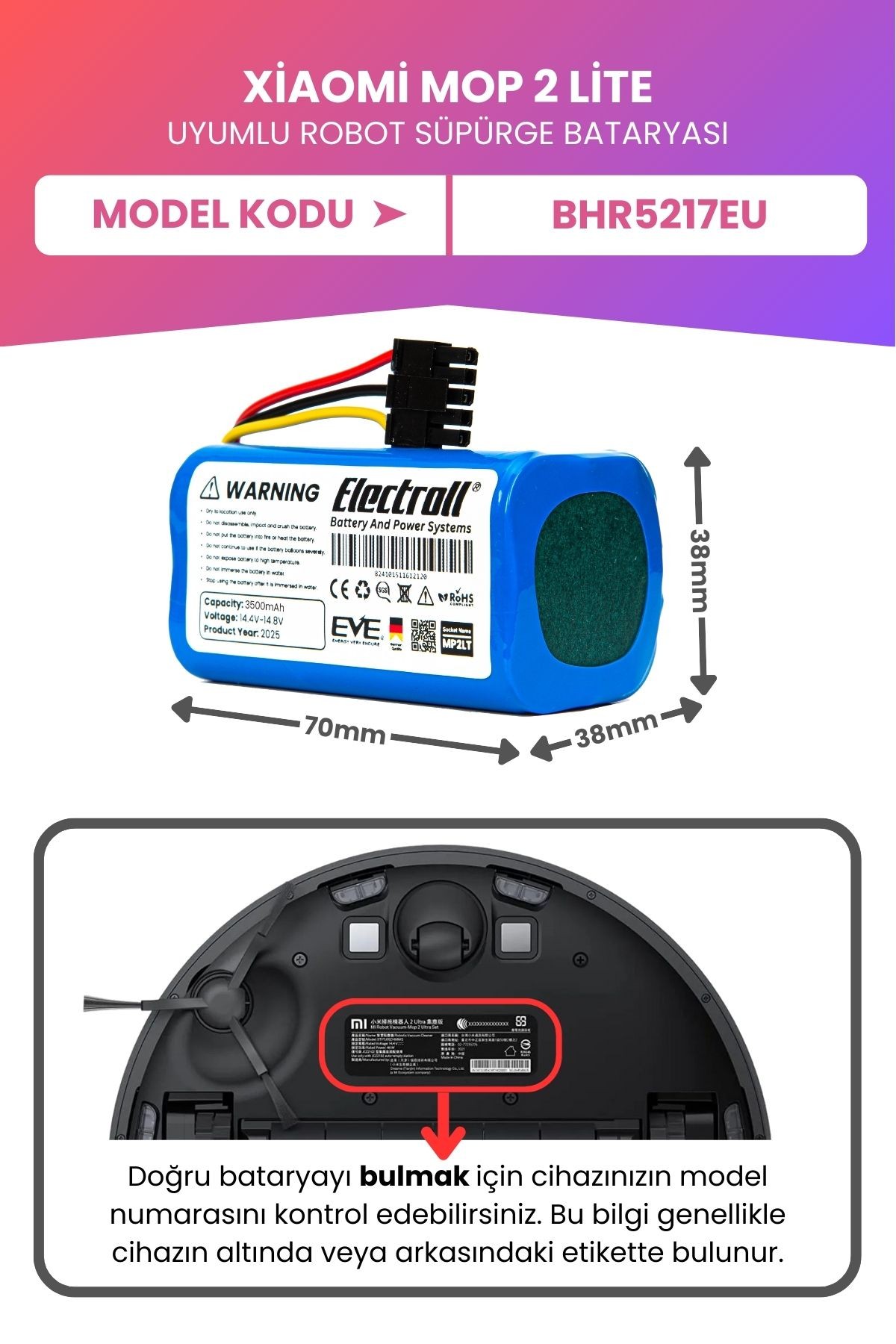 Xiaomi Mop 2 Lite Uyumlu Batarya (MAKSİMUM KAPASİTE) 3500mah Pil Robot Süpürge Bataryası BHR5217EU