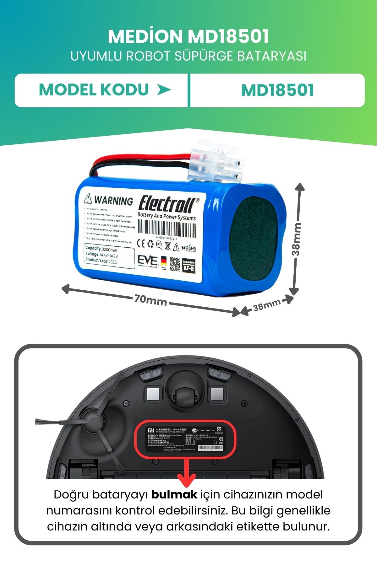 Medion MD18501 Uyumlu Batarya (ULTRA YÜKSEK KAPASİTE) 3200mah Pil Robot Süpürge Batarya