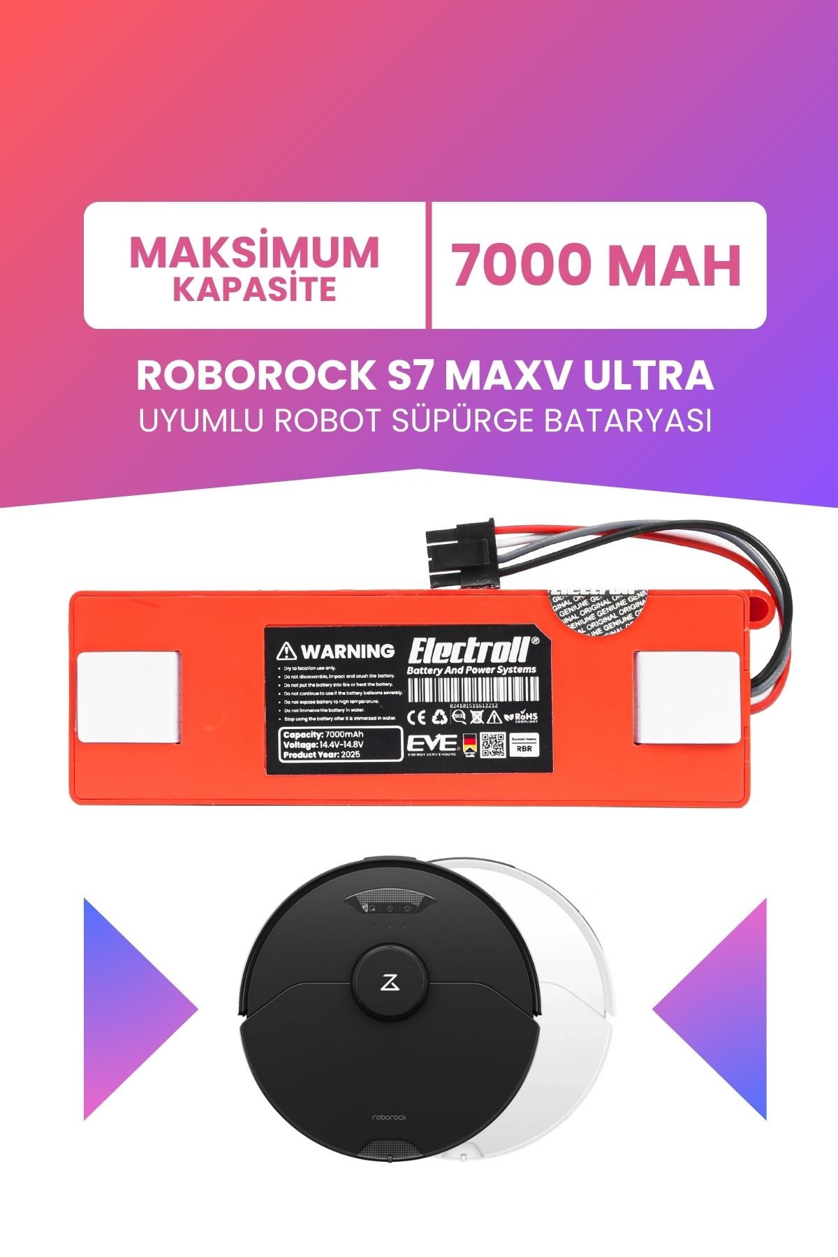 Roborock S7 Maxv Ultra Uyumlu Batarya (MAKSİMUM KAPASİTE) 7000mah Kutulu Robot Süpürge Pil Değişimi