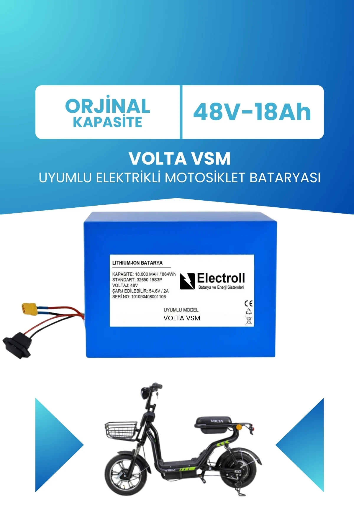 Volta VSM 48V 18 Ah LifePO4 (Elektrikli Bisiklet için Akü) 