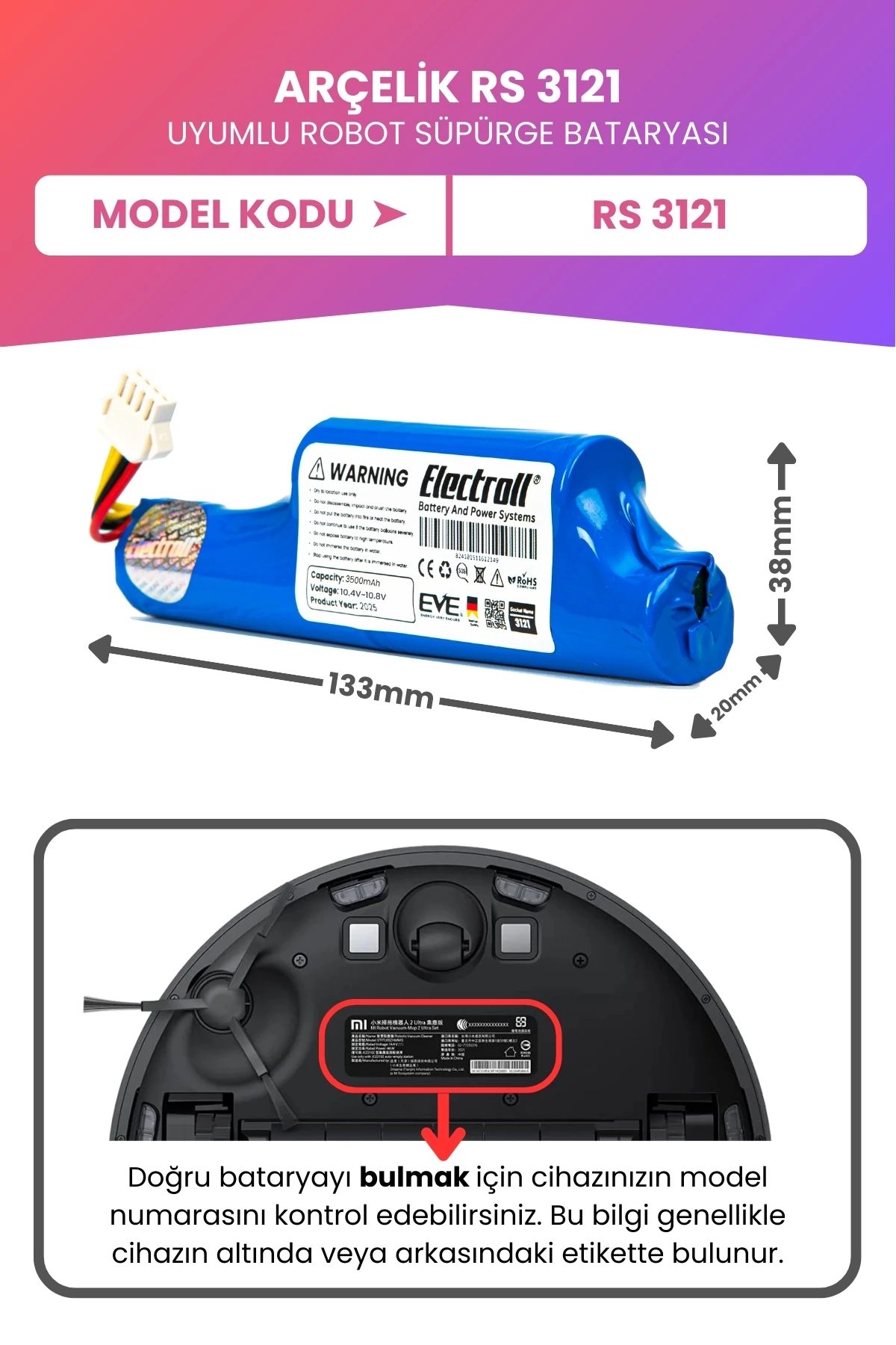 Arçelik Rs 3121 Uyumlu Batarya (MAKSİMUM KAPASİTE) 3500mah Pil Robot Süpürge Bataryası 9178024542