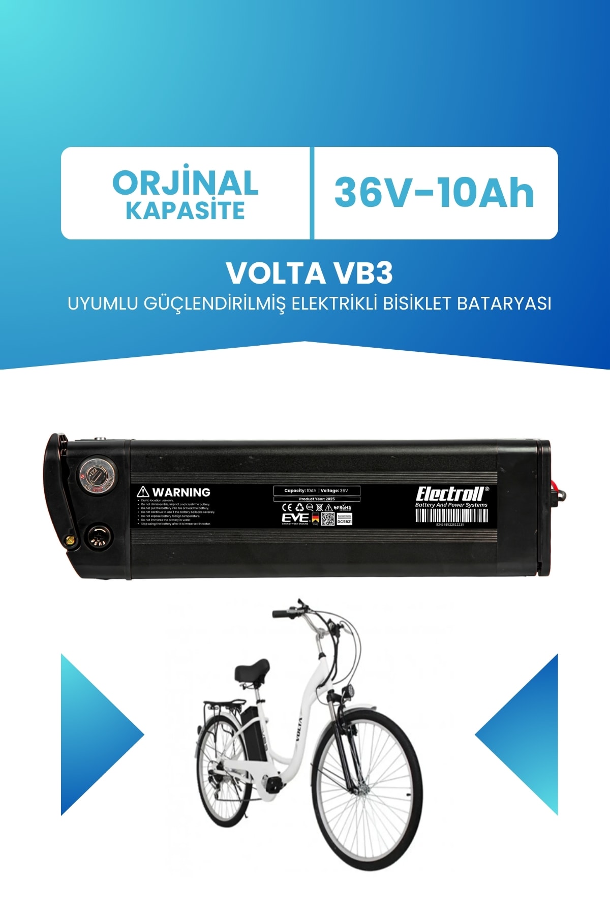 Volta Vb3 Uyumlu Güçlendirilmiş Elektrikli Bisiklet Bataryası