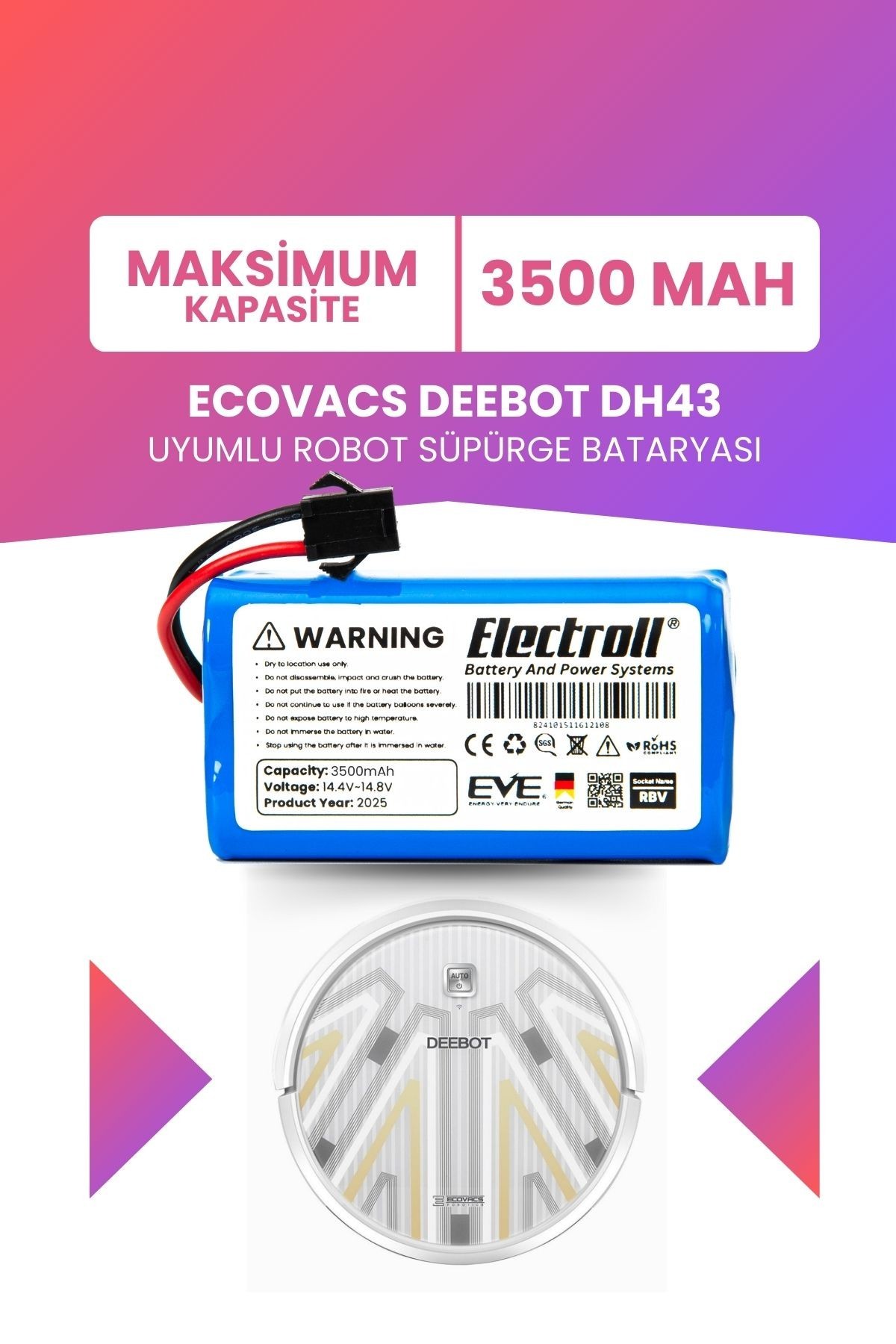 Ecovacs Deebot Dh43 Uyumlu Batarya (MAKSİMUM KAPASİTE) 3500mah Pil Robot Süpürge Bataryası