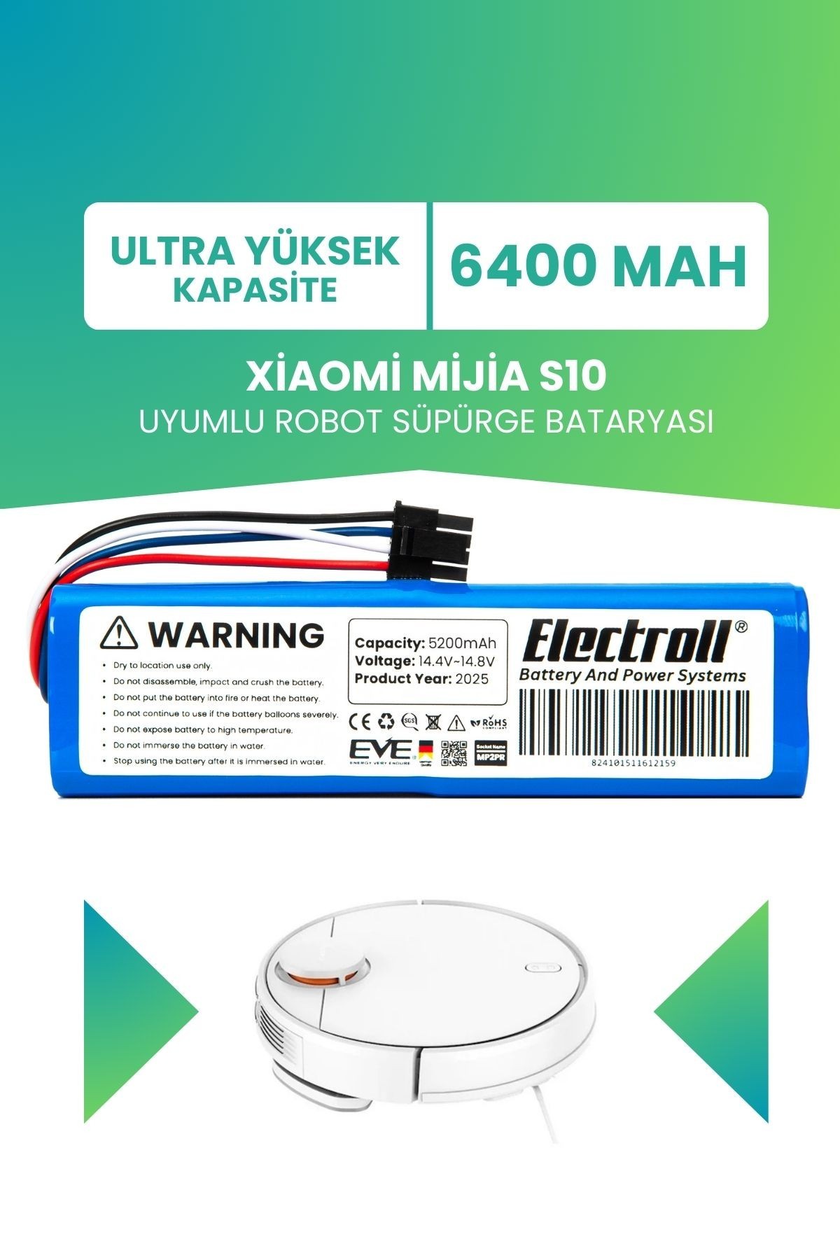 Xiaomi Mijia S10 Uyumlu Batarya (ULTRA YÜKSEK KAPASİTE) 6400mah Robot Süpürge Bataryası Bhr6388gb