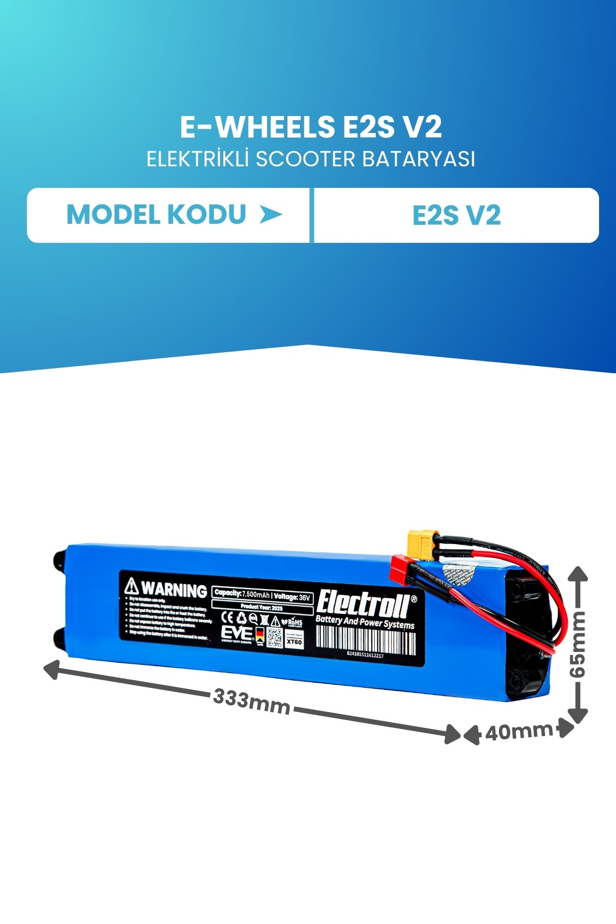 E-Wheels E2s V2 Uyumlu Batarya (STANDART KAPASİTE) 36v 7500mah Pil Elektrikli Scooter Bataryası