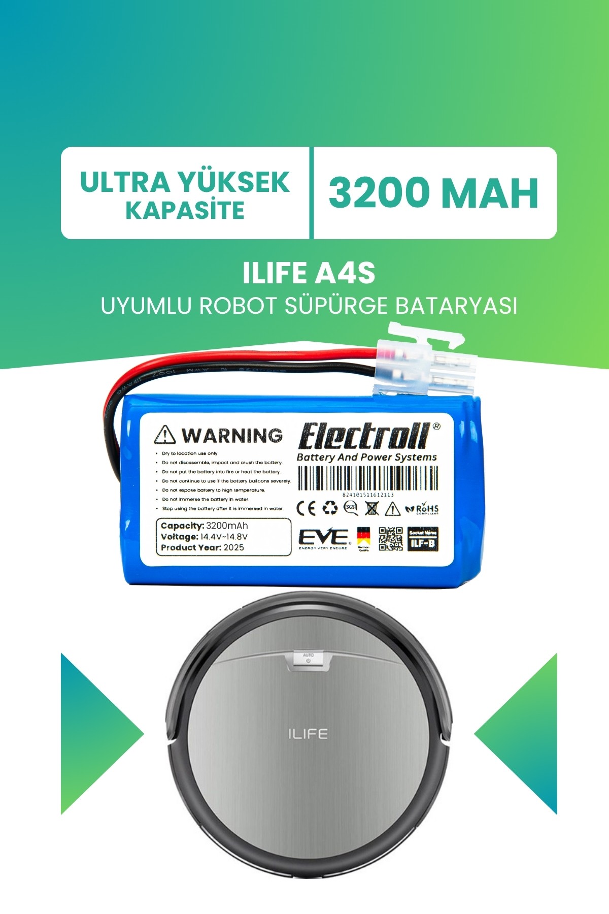 Ilıfe A4s Uyumlu Batarya (ULTRA YÜKSEK KAPASİTE) 3200mah Pil Robot Süpürge Bataryası