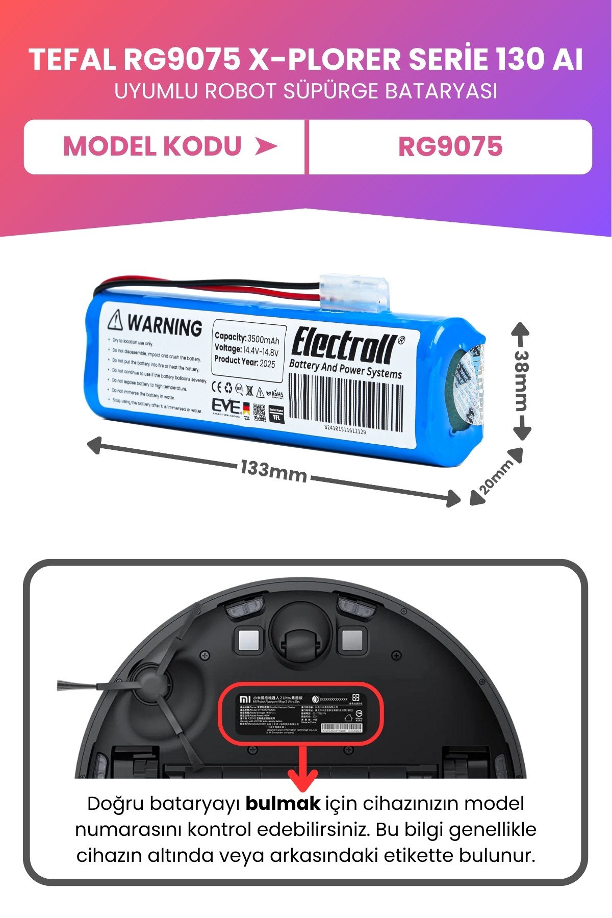 Tefal RG9075 X-Plorer Serie 130 AI Uyumlu Batarya (MAKSİMUM KAPASİTE) 3500mah Pil Robot Süpürge Bataryası