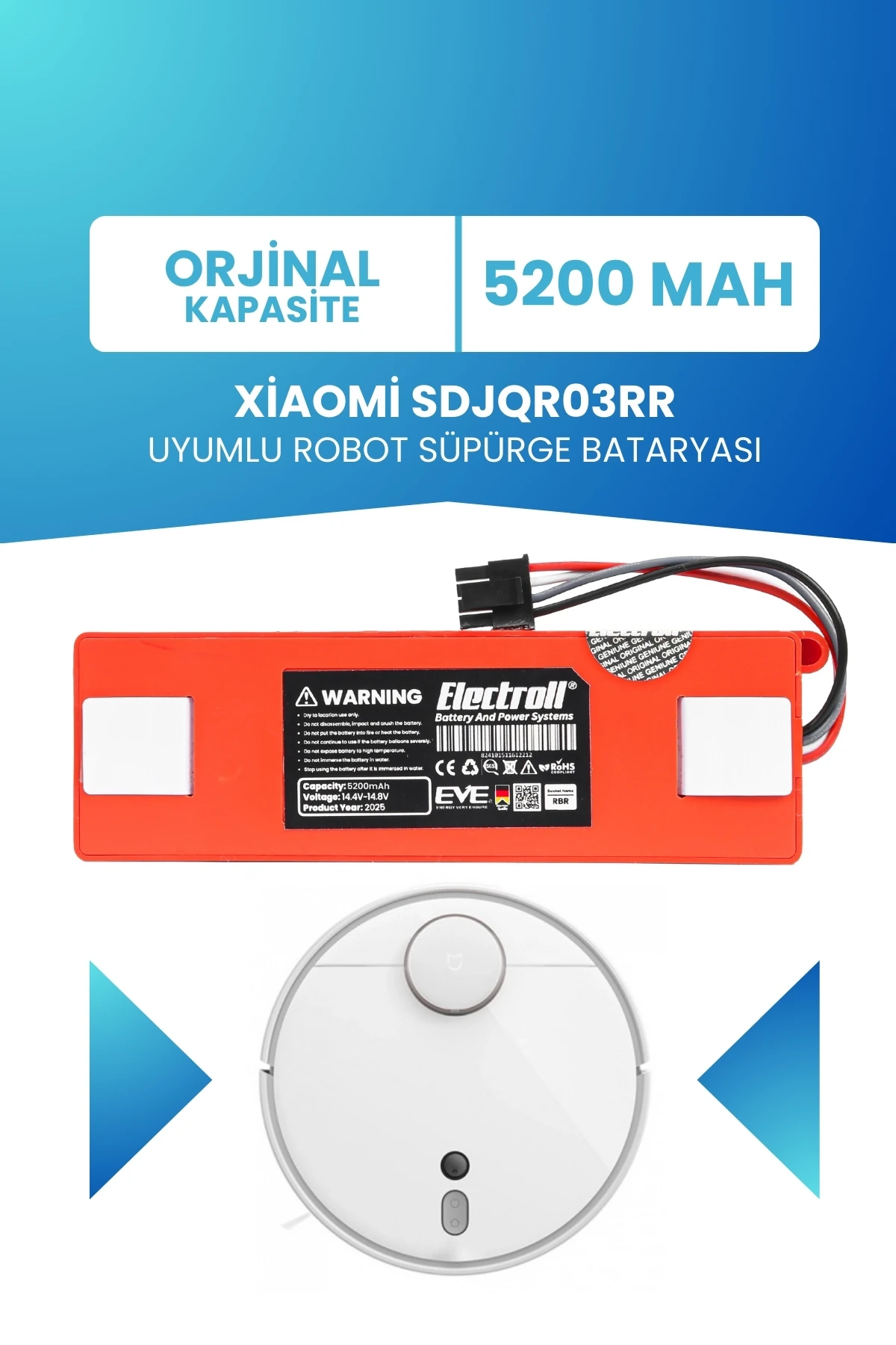 Xiaomi Sdjqr03rr Uyumlu Batarya (ORJİNAL KAPASİTE) 5200mah Kutulu Robot Süpürge Pil Değişimi