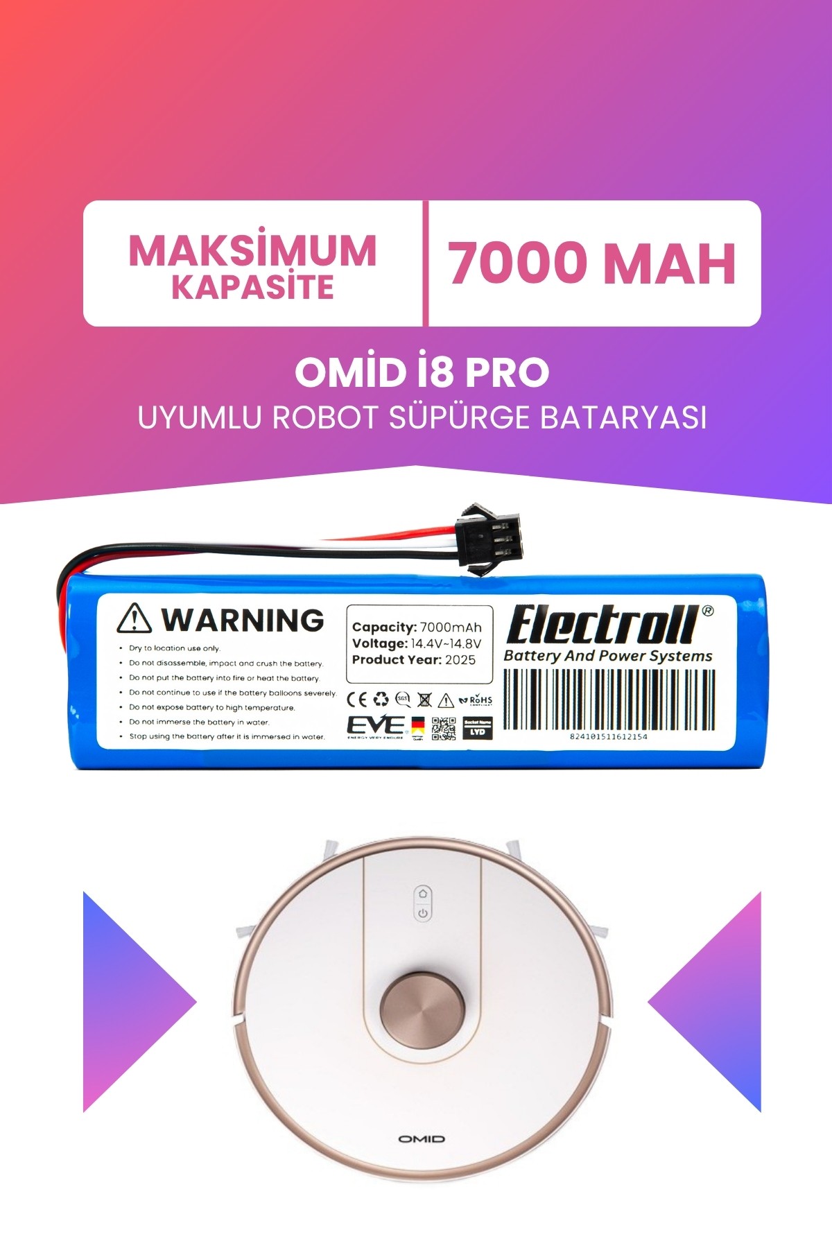 Omid İ8 Pro Uyumlu Batarya (MAKSİMUM KAPASİTE) 7000mah Pil Robot Süpürge Bataryası