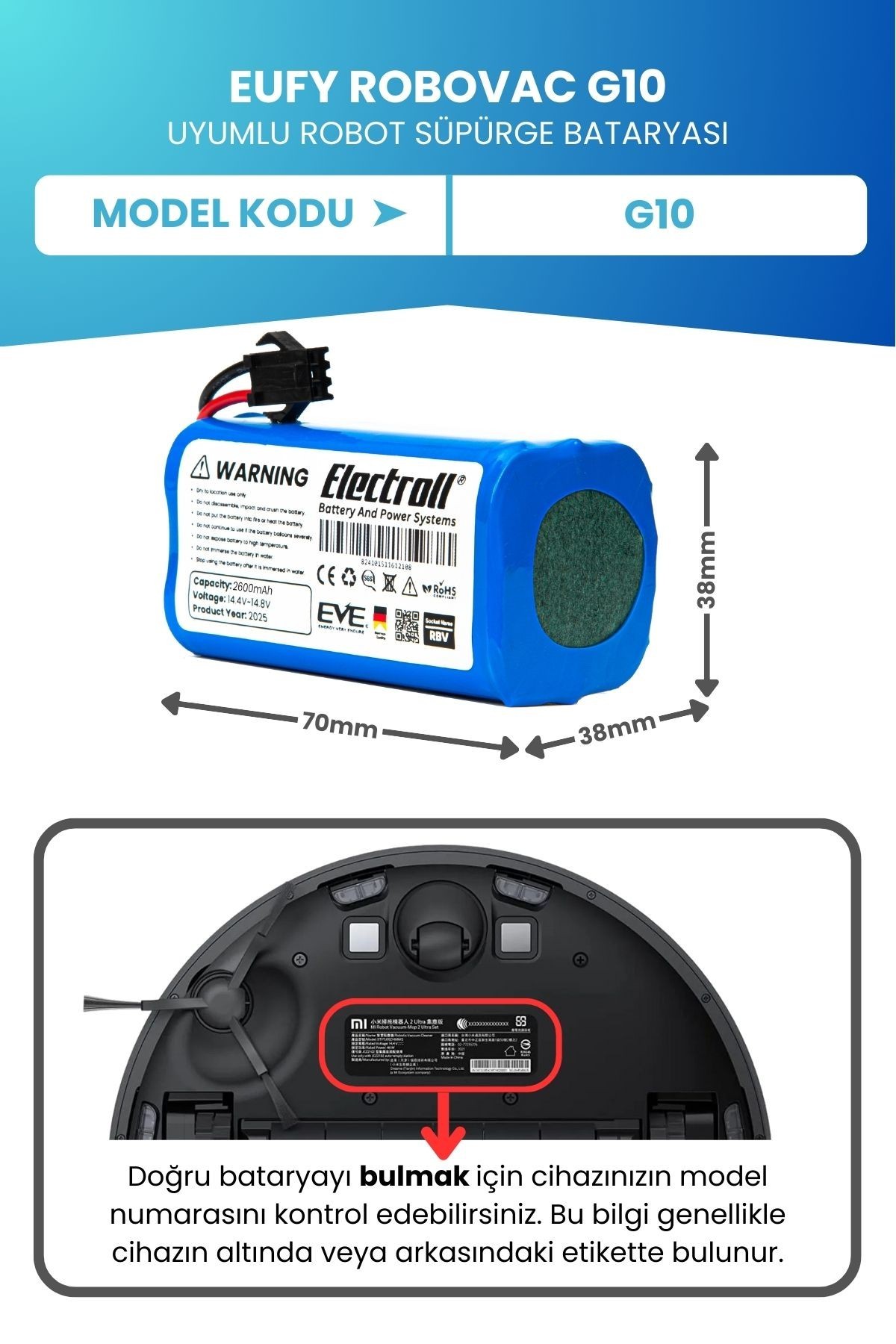Eufy Robovac G10 Uyumlu Batarya (ORJİNAL KAPASİTE) 2600mah Pil Robot Süpürge Bataryası Değişimi