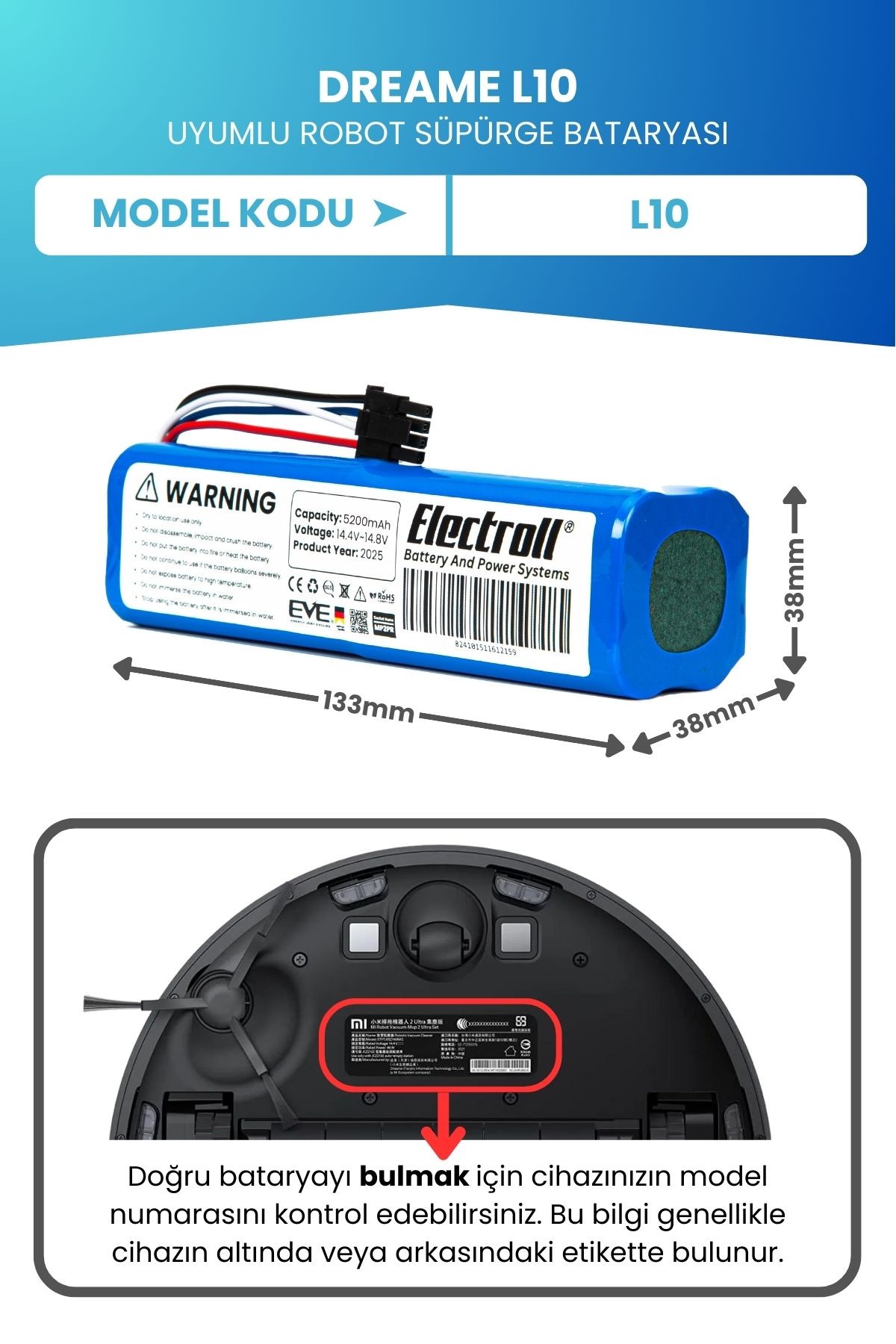 Dreame L10 Uyumlu Batarya (ORJİNAL KAPASİTE) 5200mah Pil Akıllı Robot Süpürge Bataryası Değişimi