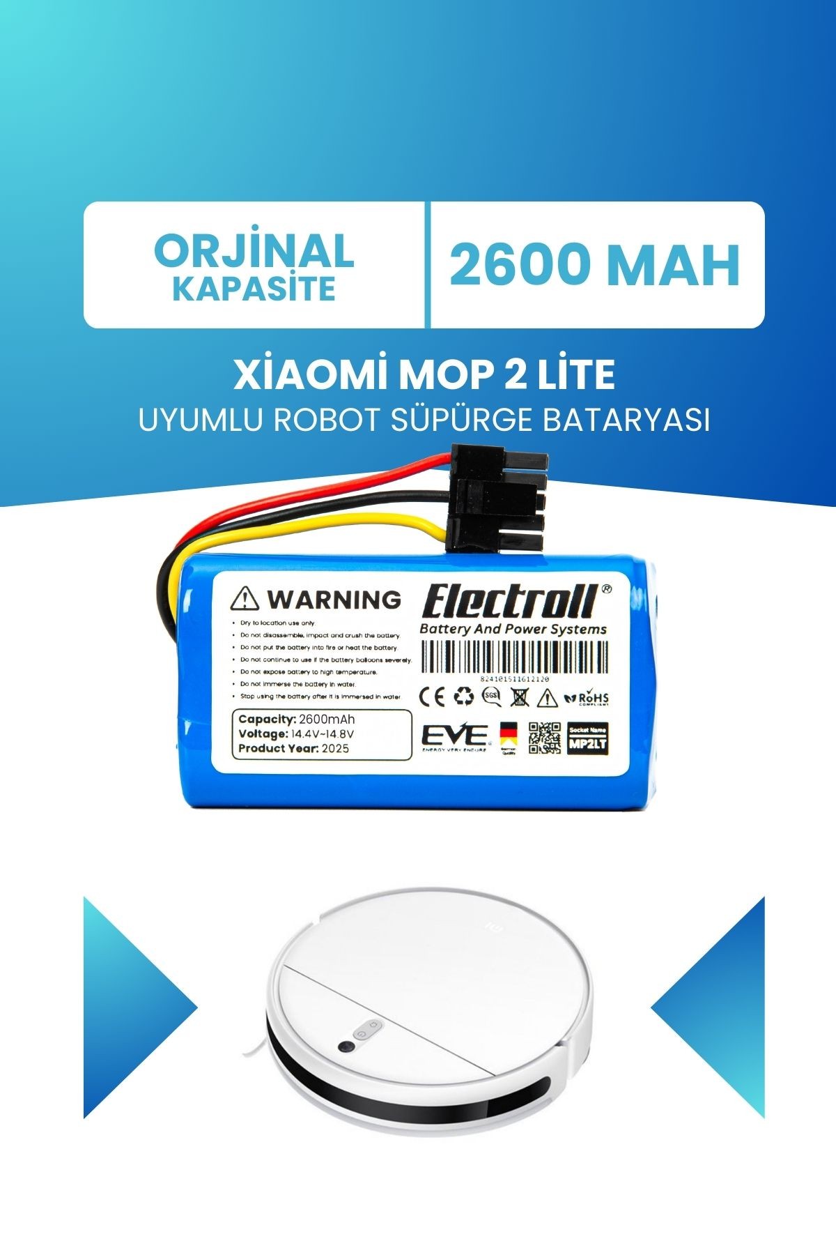 Xiaomi Mop 2 Lite Uyumlu Batarya (ORJİNAL KAPASİTE) 2600mah Pil Robot Süpürge Batarya Değişimi
