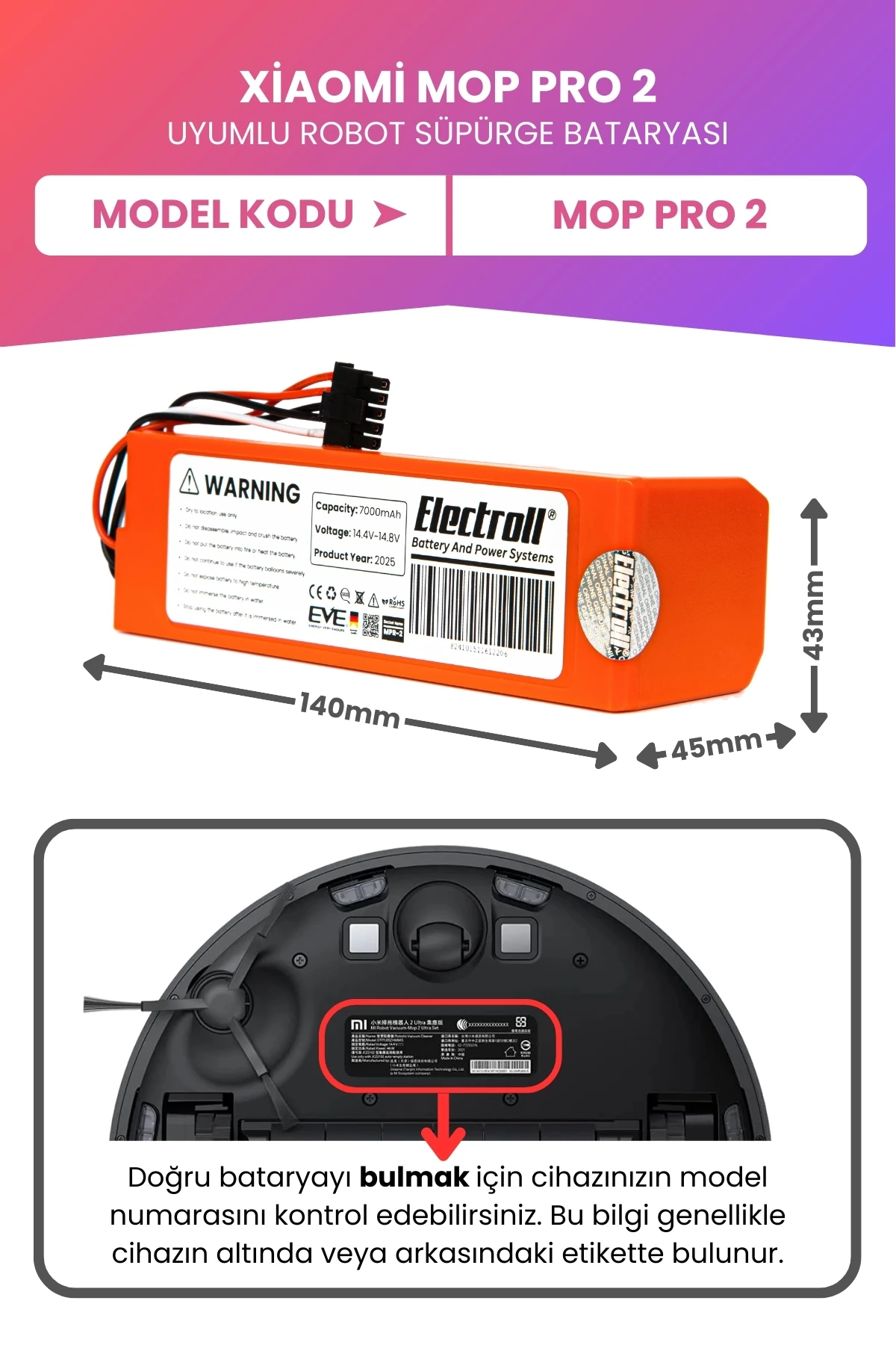 Xiaomi Mop Pro 2 Uyumlu Batarya (MAKSİMUM KAPASİTE) 7000mah Pil Robot Süpürge Bataryası Değişimi