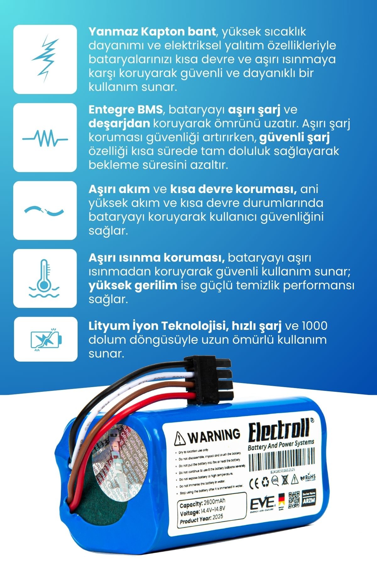 Arzum Robotek X2 Ar4301 Uyumlu Batarya (ORJİNAL KAPASİTE) 2600mah Pil Akıllı Robot Süpürge Bataryası